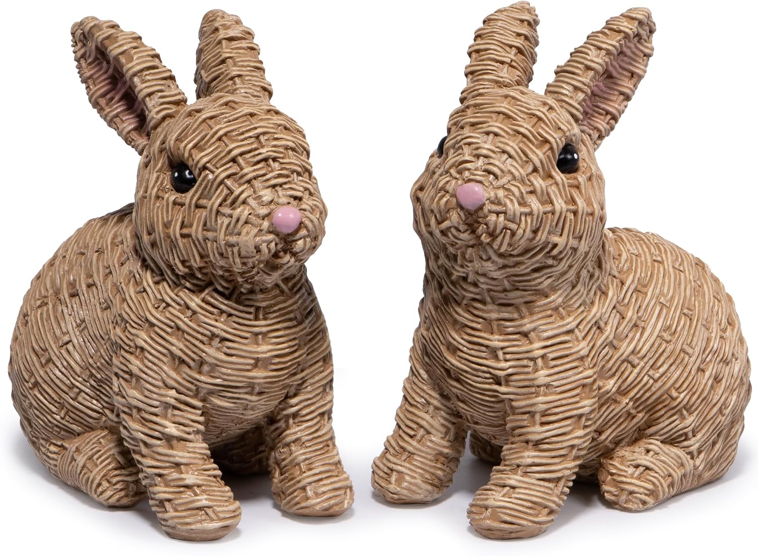 Hodao Set of 2 Woven Easter Bunny Figurines – 4.8″ Tall White Rabbit Resin Sculptures with Handcrafted Wicker-Style Design for Easter and Spring Home Décor (Brown Set 2)