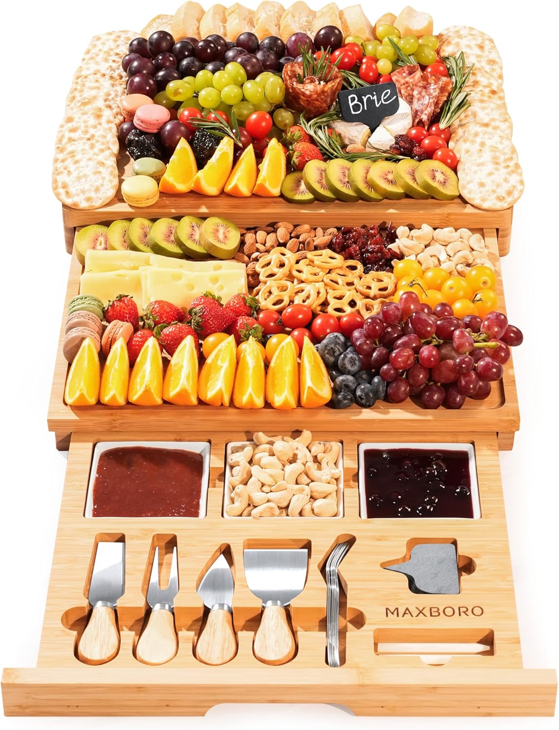 Extra Large 33.7×15.7 inch Charcuterie Boards Gift Set, 100% Bamboo Cheese Board and Knife Set, Cool Meat Cheese Platter Tray, House Warming Gifts New Home, Ideas for Women Mom