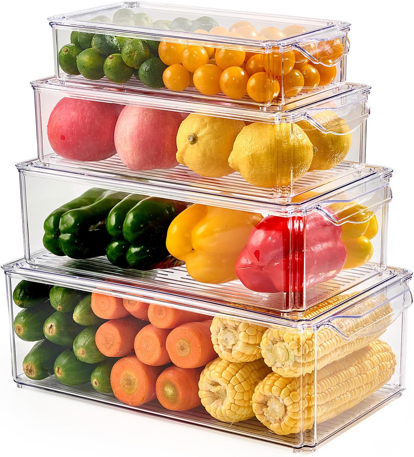 Luckore 4 Piece Refrigerator Organizer Bins, Clear Fridge Organizers and Storage, Stackable with Lids, Food Storage Containers for Fruit, Vegetable, Drinks, Cereals