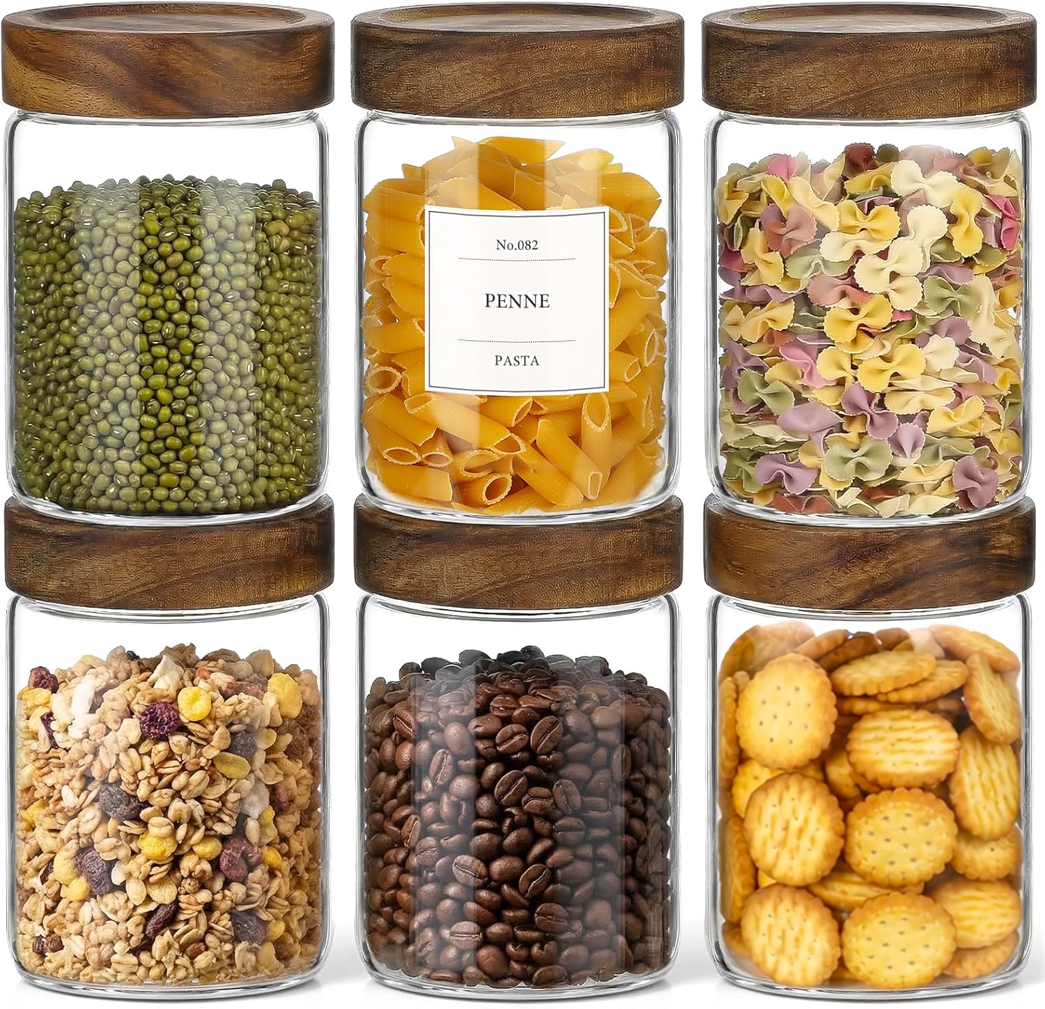 CONNOO 28oz Glass Storage Jars with Wood Lids (6-Pack) – Includes 120 Pre-Printed Waterproof White Kitchen Labels – Airtight Pantry Containers for Rolled Oats, Pasta & Cereals
