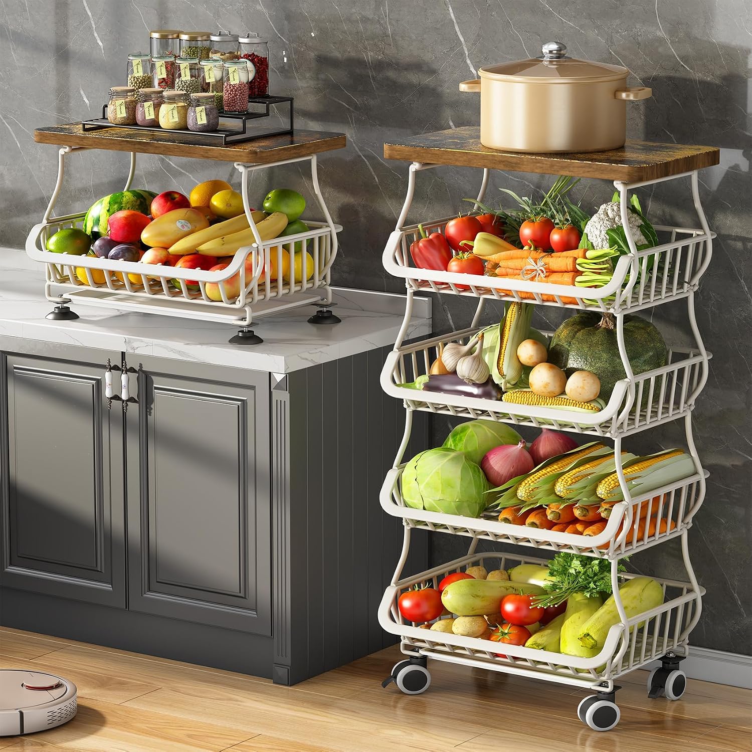 SAYZH Fruit Basket Kitchen Pantry Organizers and Storage – Wooden Top Table, Stackable Metal Wire Basket Stand Cart for Fruit Vegetable Snacks Onion Potato Organization (White, 5 Tiers)