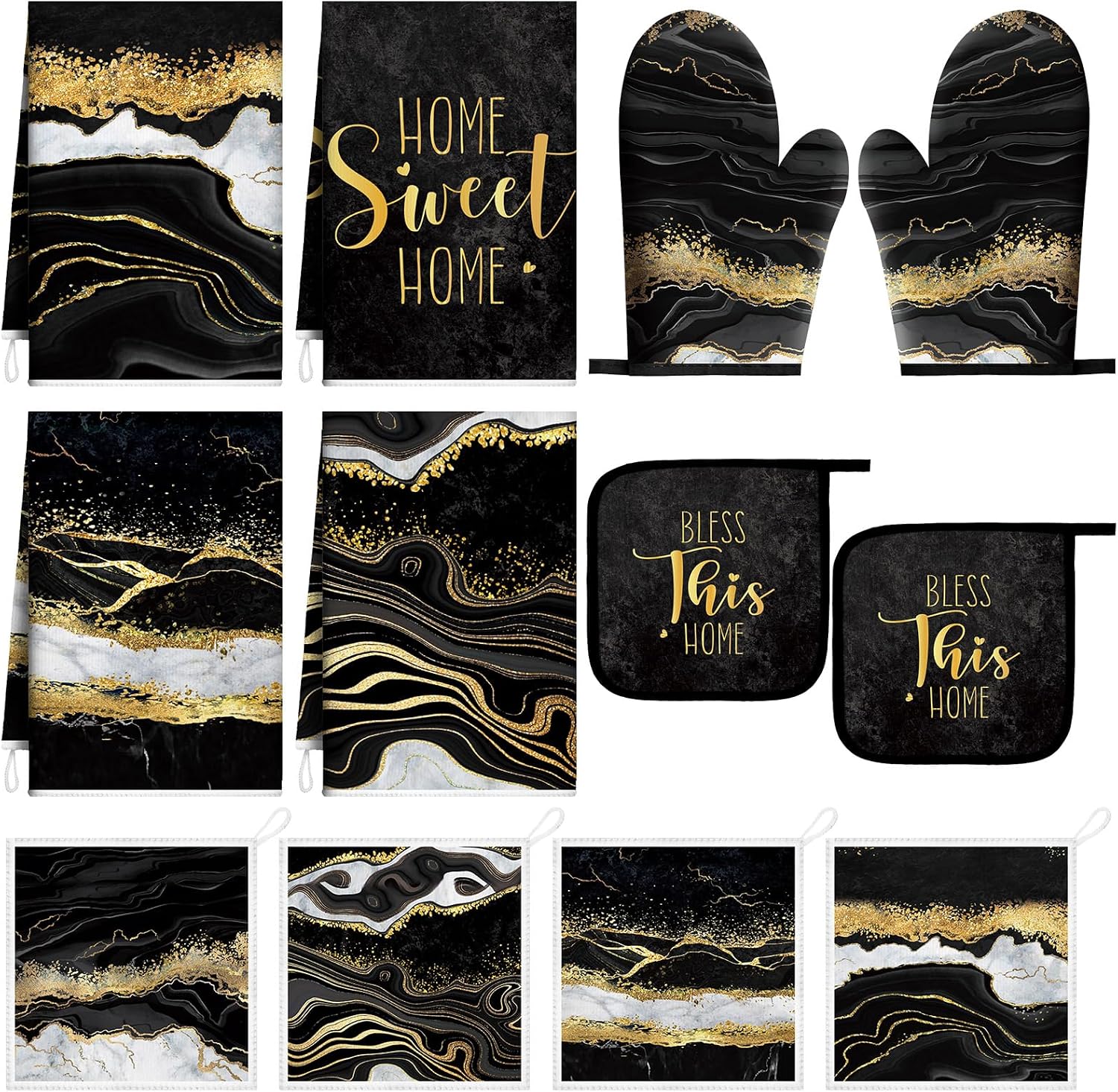 Bencailor 12 Pcs Marble Kitchen Decor and Accessories Sets 4 Black and Gold Marble Kitchen Towels 4 Farmhouse Absorbent Dishcloths 2 Pot Holders 2 Oven Mitts Gloves for Home Decor Mom Gifts
