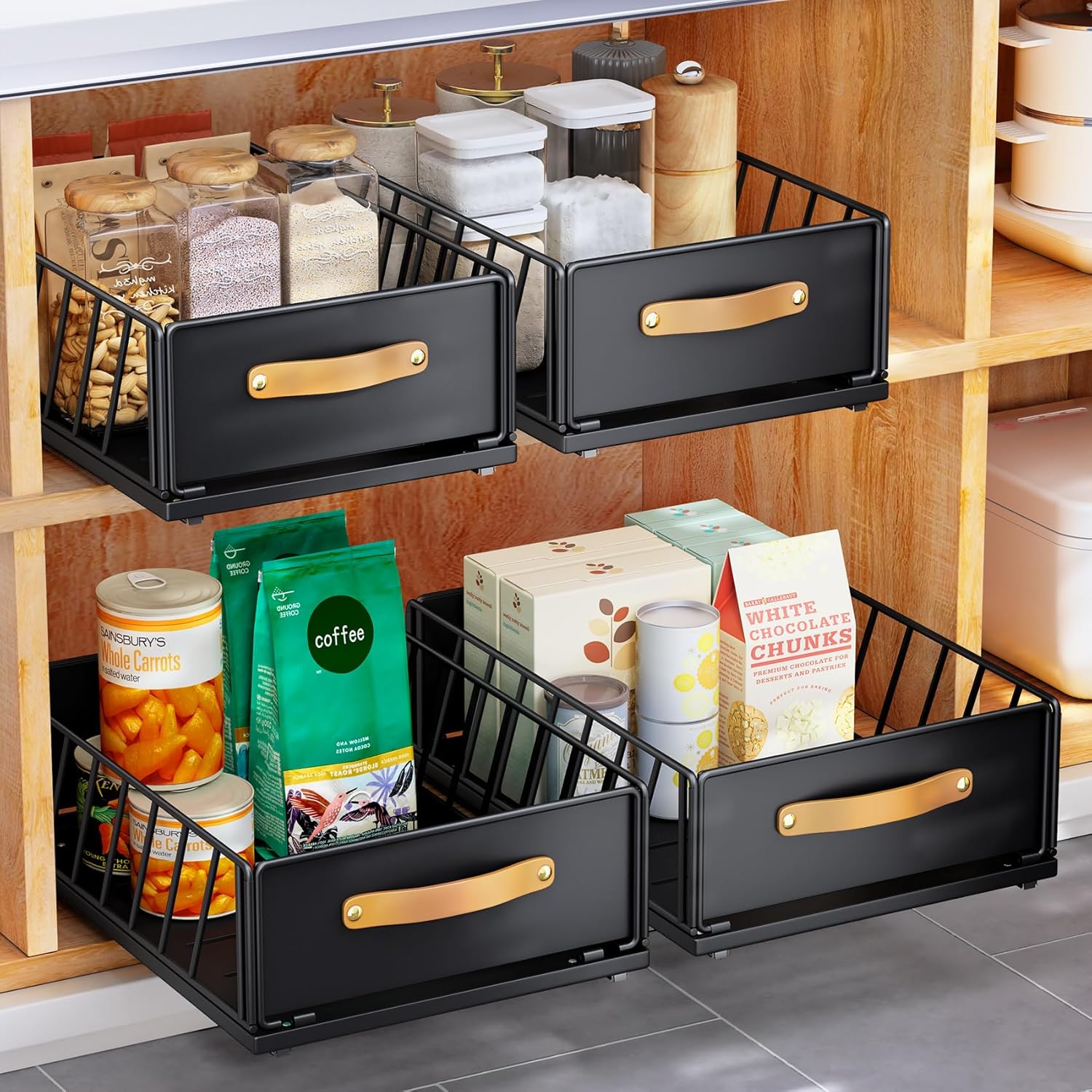 Pull out Cabinet Organizer,Heavy Duty Slide out Pantry Shelves Drawer Storage with Adhesive Nano Film,Sliding Mesh Cabinet Basket with Handle for Kitchen, Bathroom, Home, 11.8″W X 15.7″D X6.2″H,Black