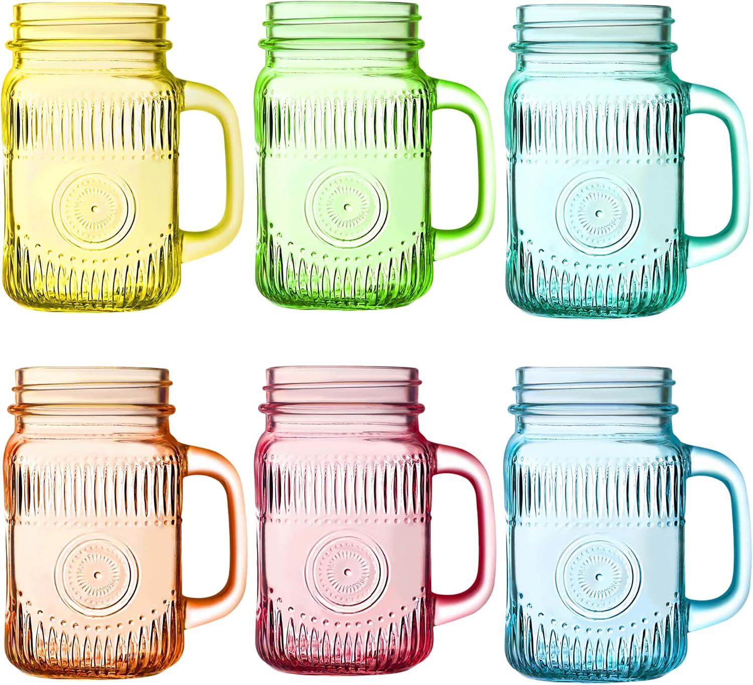 Amzcku Vintage Colored Drinking Glass Mason Jar 16 OZ with Comfortable Handle for Party Beverages 6 pcs