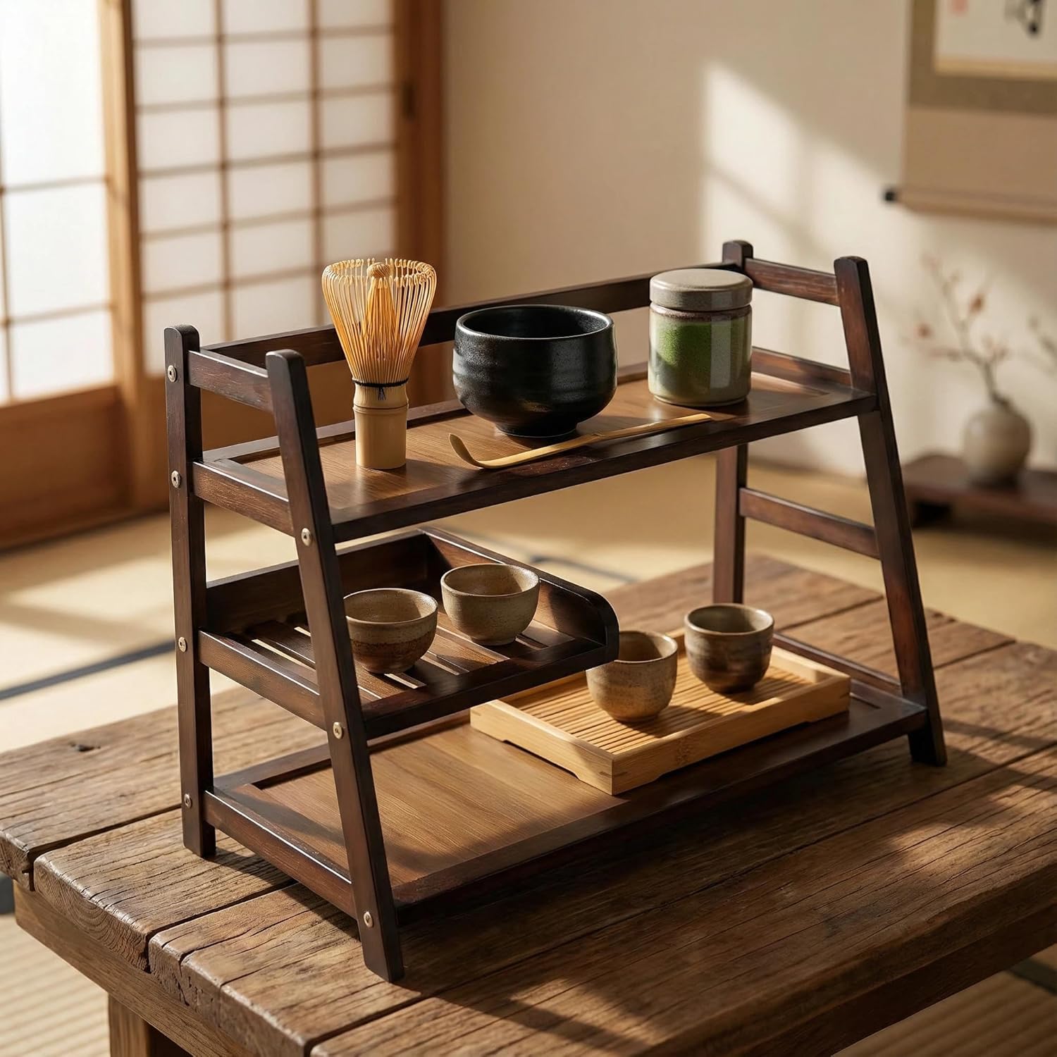 3 Tier Bamboo Matcha Station, coffee station organizer Shelf for Kitchen Countertop, Tea Bar – Matcha Powder, Tools & Cup Organizer for Matcha Lovers, Home Baristas.