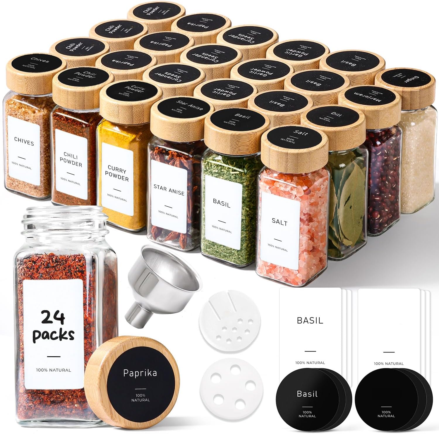 ComSaf Glass Spice Jars with with Labels 4 oz 24 Pack Bamboo Lids Bulk Set | Empty Containers, Seasoning Herb Powder, Salt Pepper Chili, Spice Rack Organization, Kitchen Cabinet Storage, Funnel Included