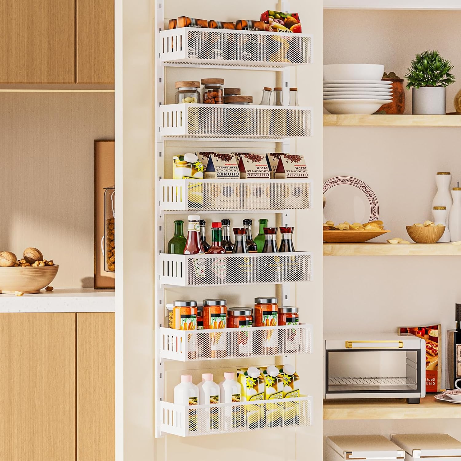 6-Tier Over The Door Pantry Organizer with Mesh Baskets, Adjustable & Stable Hanging Spice Rack for Kitchen, Bathroom, Bedroom, and Baby Essentials Storage
