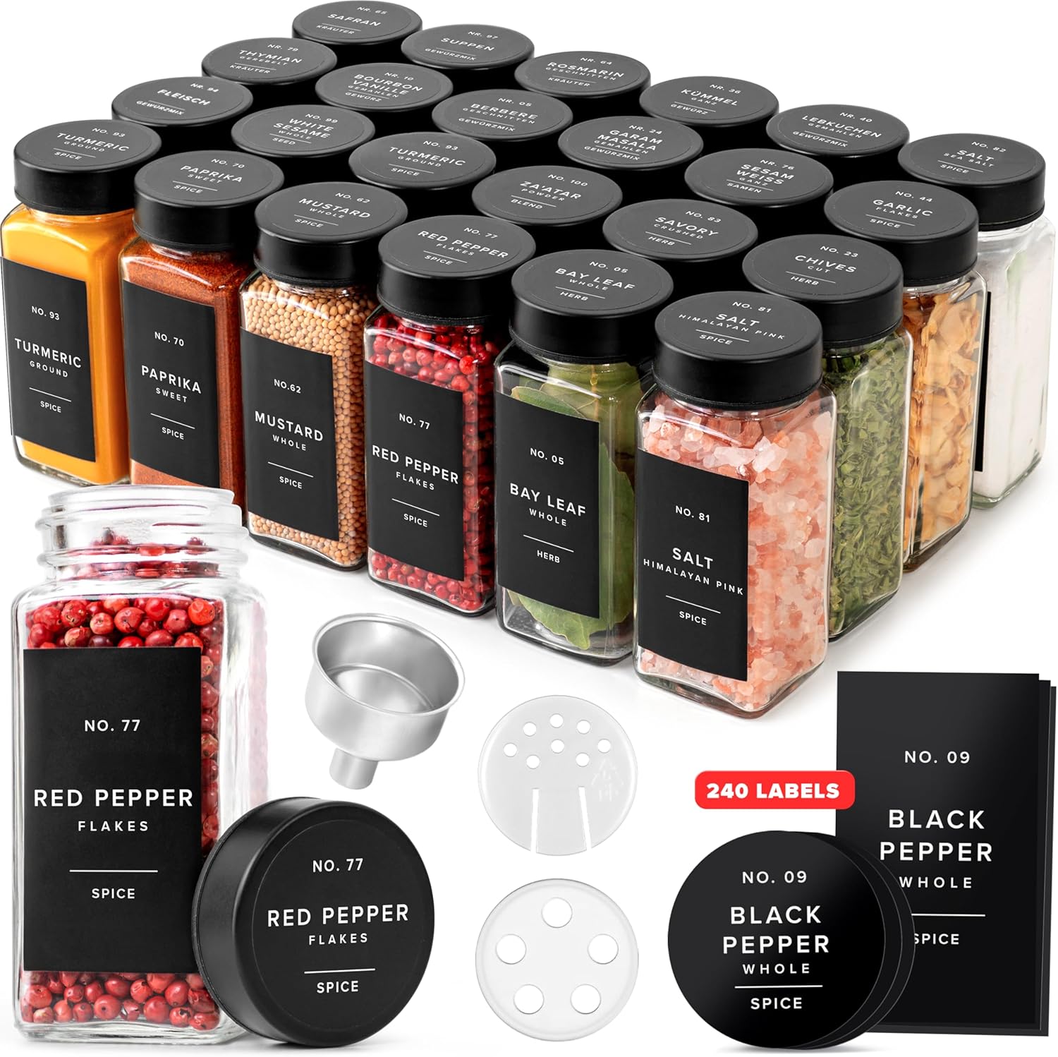 EDELHAUS Glass Spice Jars with Label and Black Lids (24 x 4oz) Spice Containers with 240 Labels, Shaker Inserts, Steel Funnel, Empty Square Seasoning Organizer for Spice Rack, Cabinet, Drawer