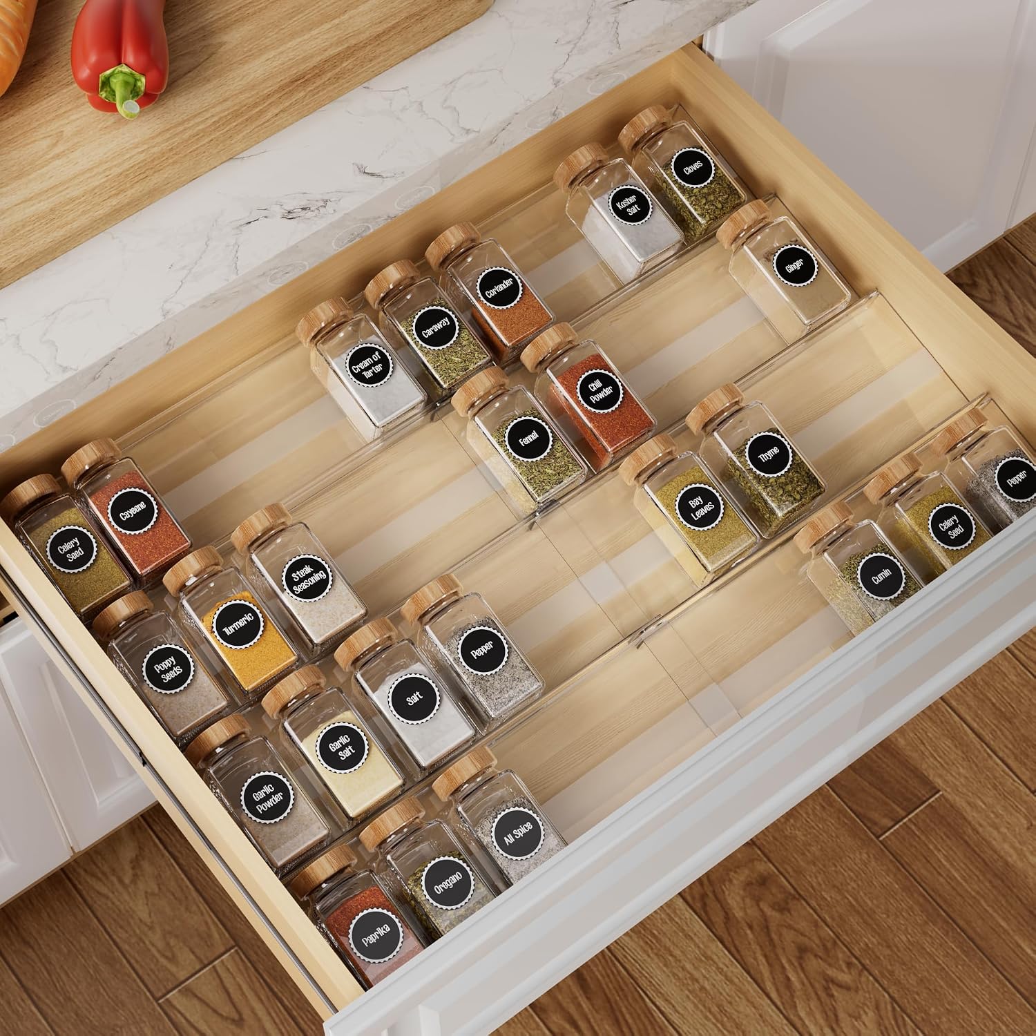 8-Pack Spice Drawer Organizer, Expandable Acrylic Seasoning Rack (13″ to 26″) with Anti-Slip Mat, Kitchen Spice Rack Holds up to 56 Jars (Jars Not Included)