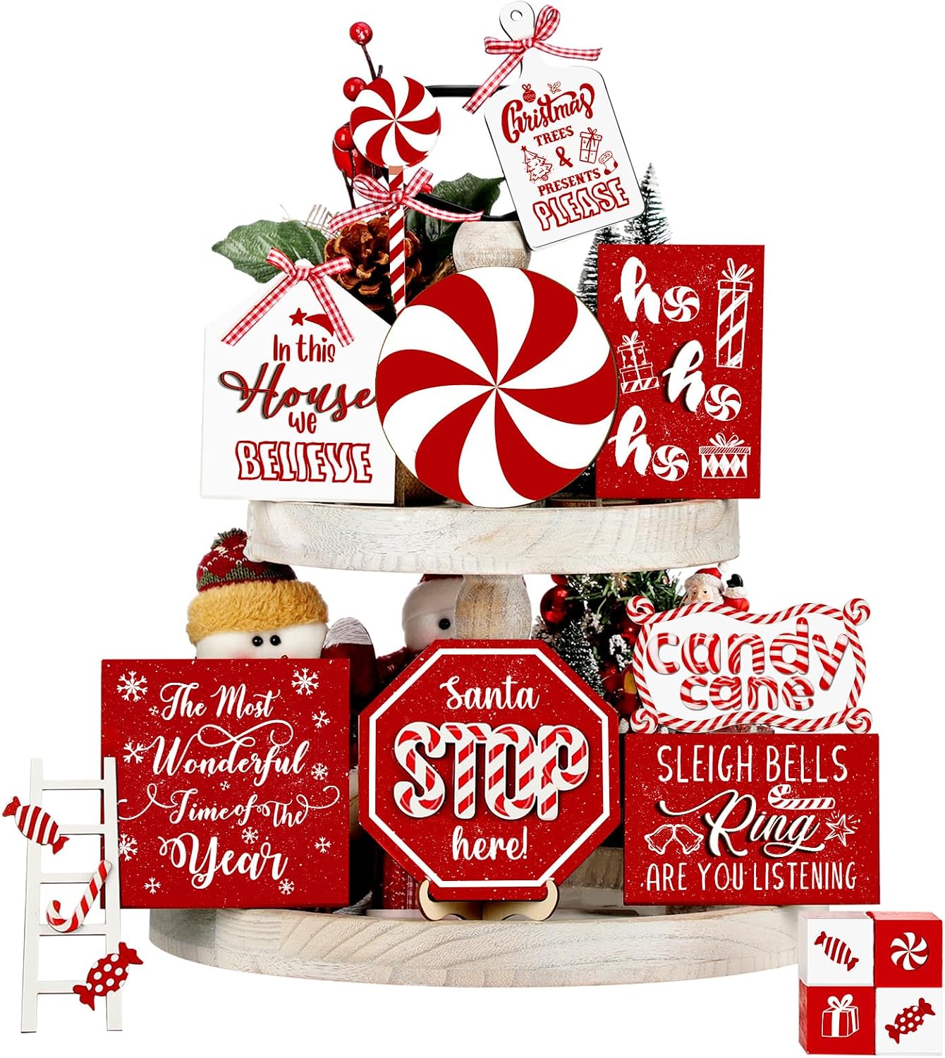 Mifoci 14 Pcs Christmas Tiered Tray Decor Rustic Christmas Decorations Snowman Santa Candy Wood Sign Xmas Table Tiered Tray Winter Farmhouse Rustic Table Decor for New Year Home Shelf Tabletop