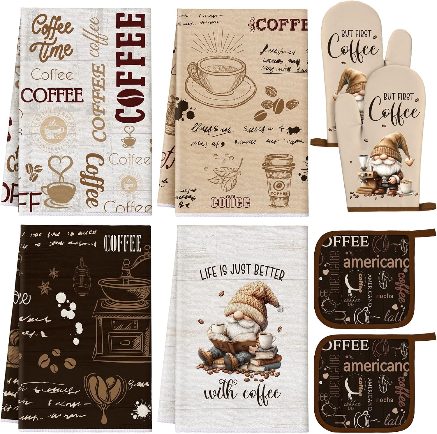 Fourluoo 8 Pcs Farmhouse Kitchen Decor and Accessories Set 4 Kitchen Dish Towels 2 Oven Mitt 2 Pot Holders for Christmas Cooking Baking Daughter Mom Gift Decor (Brown,Gnome)