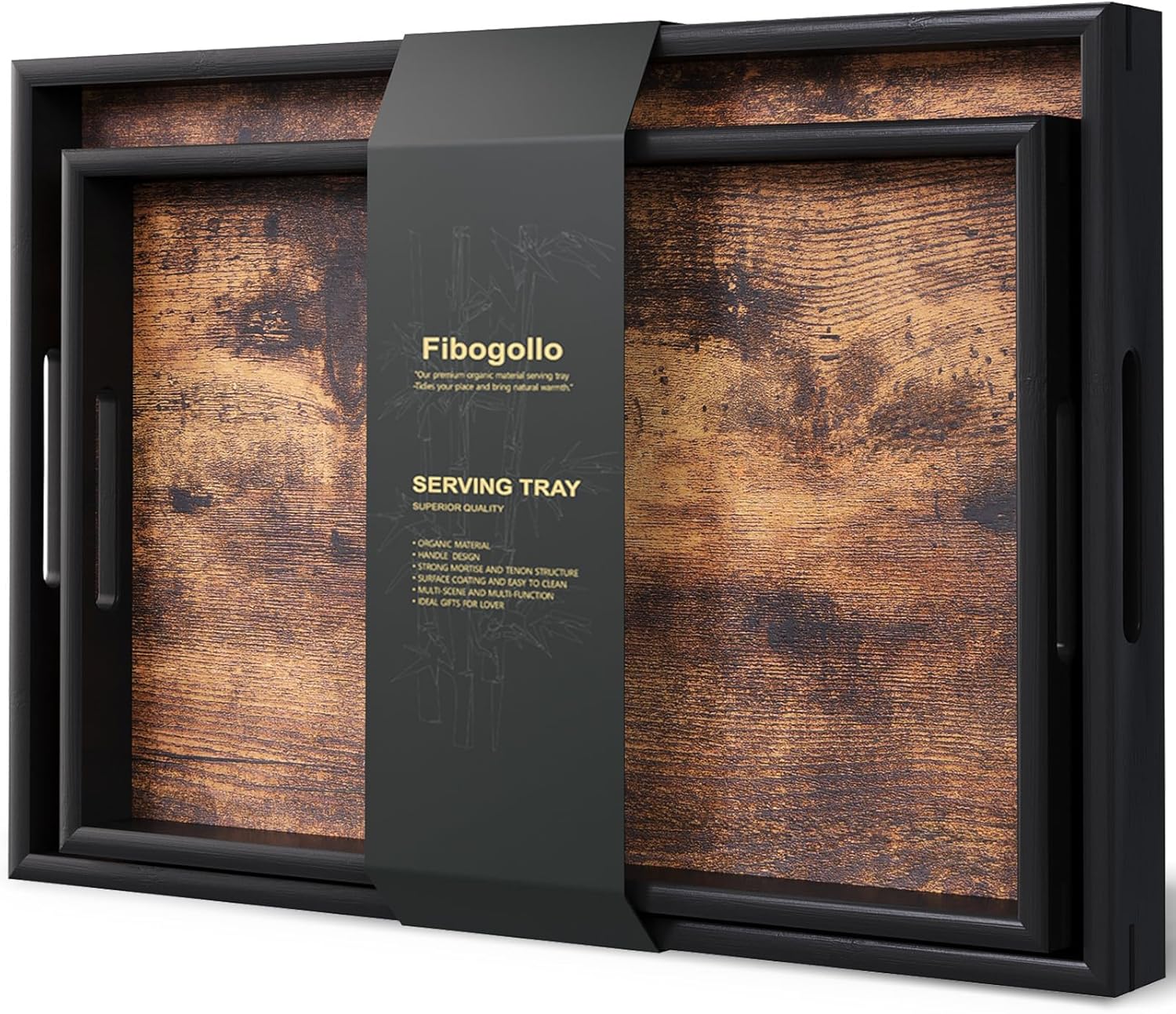 Fibogollo Set of 2 Wooden Serving Tray with Handles,Decorative Trays Platter,Breakfast Tray in Bed,Large Coffee Table Tray，Food Drinks Trays for Eating,Working,Storing