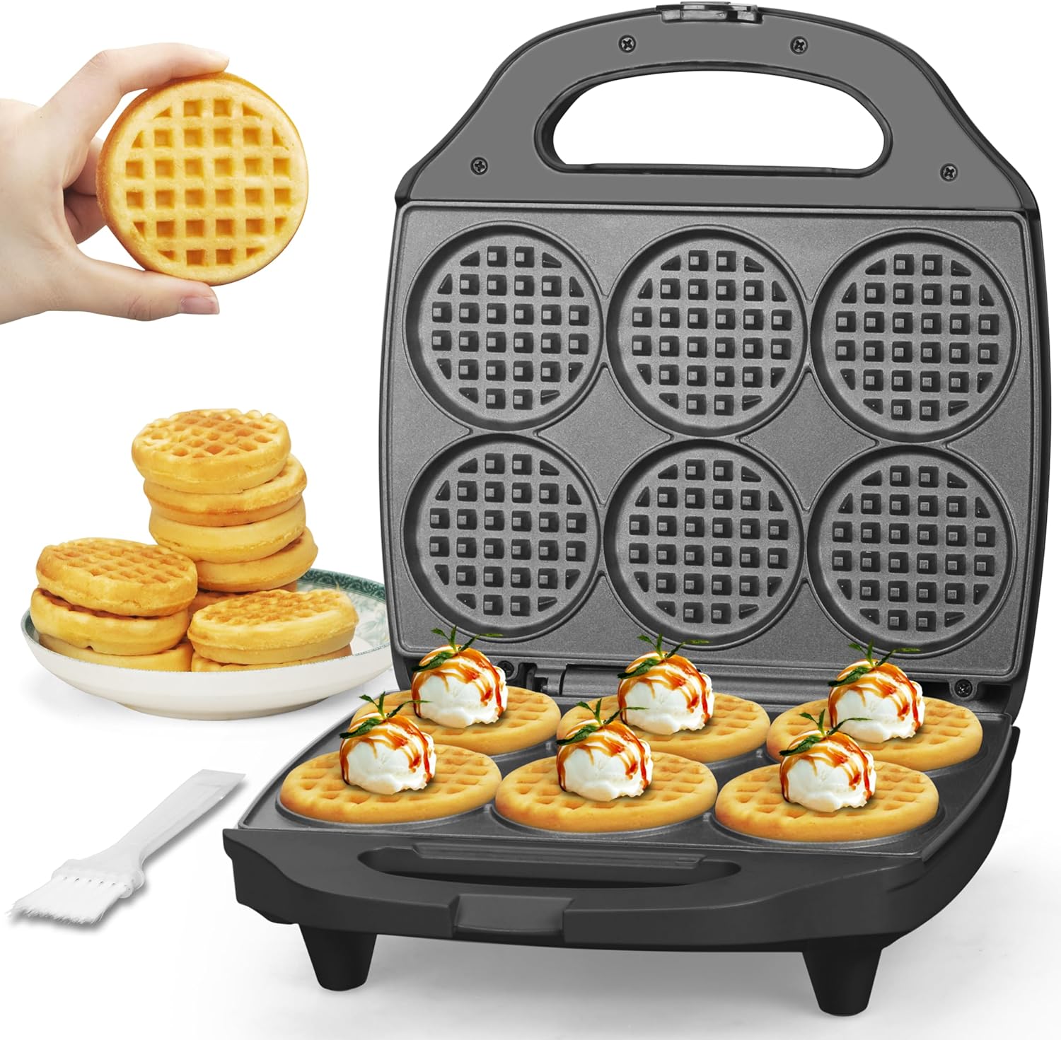 Baker’s Friend Multi Mini Waffle Maker Machine, 6 x 3” Small Waffle Iron, Perfect for Families and Individuals Use, Excellent Choice for Breakfast Brunch Parties & Events, Graphite