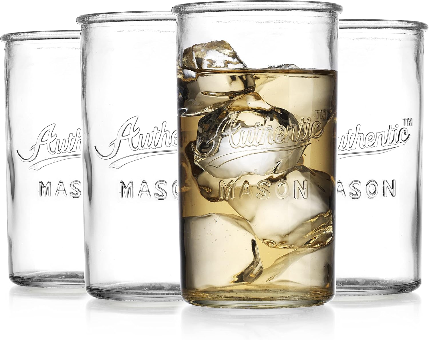 Glaver’s Drinking Glasses – Set of 4 Authentic Mason Vintage Glassware – Clear Glass Tumblers for Cocktails, Water, Juice – Embossed Vintage Drinking Glasses