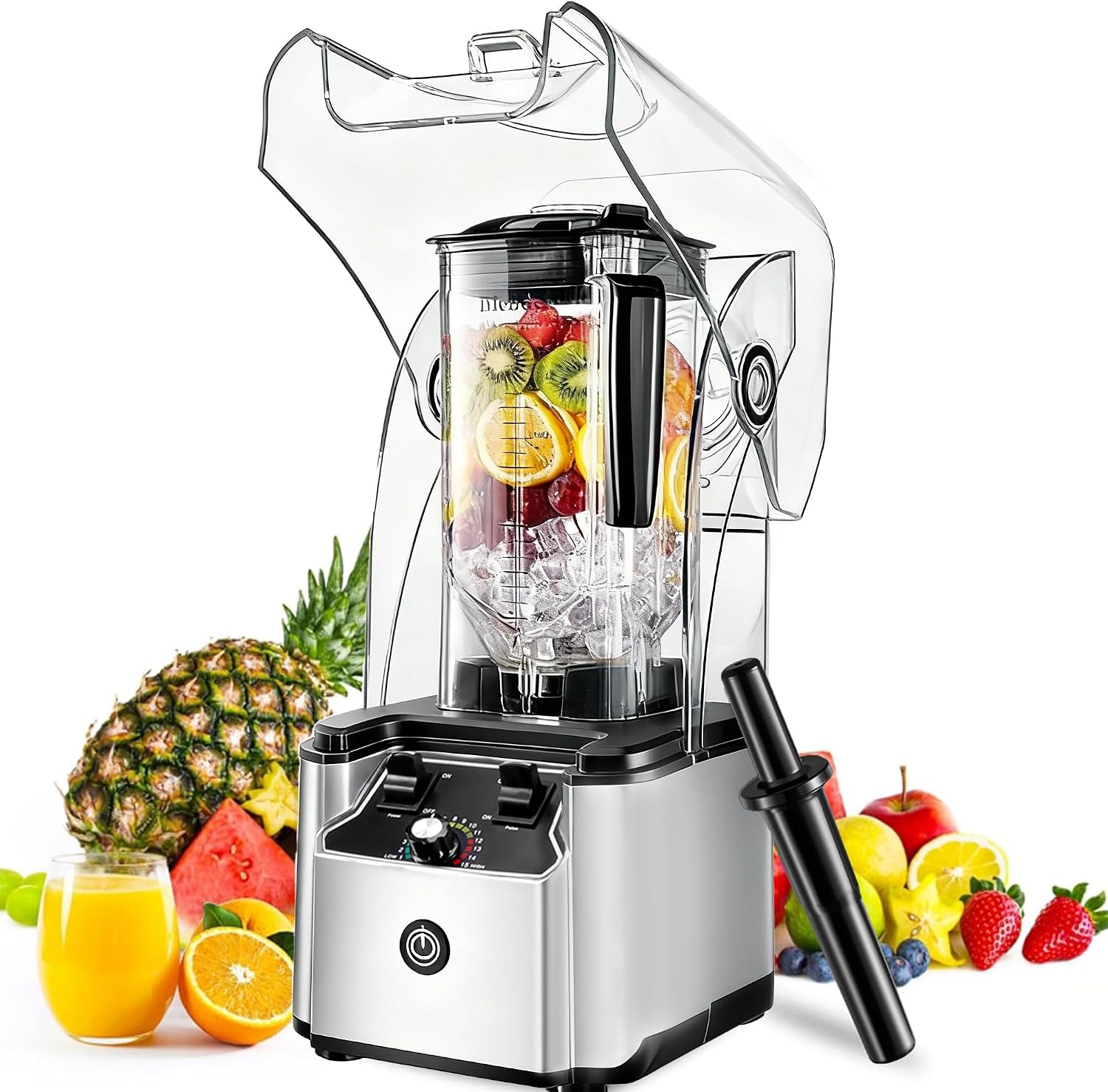 Commercial Blender for Smoothies 2200W with Soundproof Cover,2200 ML,15 Speeds,6-leaves Stainless Steel Blade,Heavy Duty Blender for Restaurant,Ice Crush,Shakes,9.5″D x 9″W x 19.7″H (Silver)