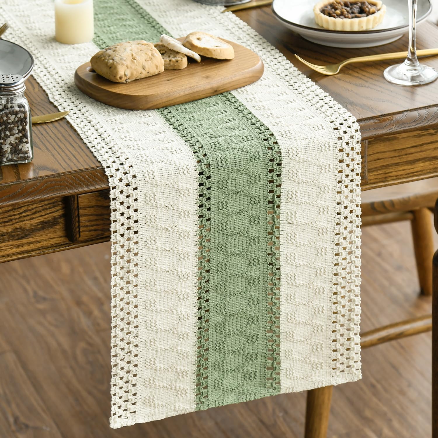 Artoid Mode Light Green Farmhouse Rustic Table Runner, Seasonal Holiday Hollow Kitchen Dining Table Decoration for Home Party Decor 12×72 Inch