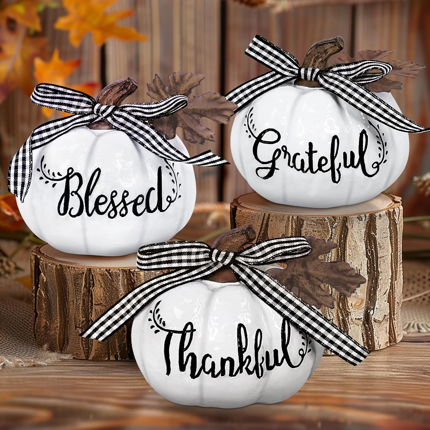TURNMEON Fall Decorations for Home Fall Pumpkin Decor Set of 3 Thankful Grateful Blessed Resin Artificial White Pumpkins for Decorating Autumn Harvest Thanksgiving Table Decoration Indoor Home