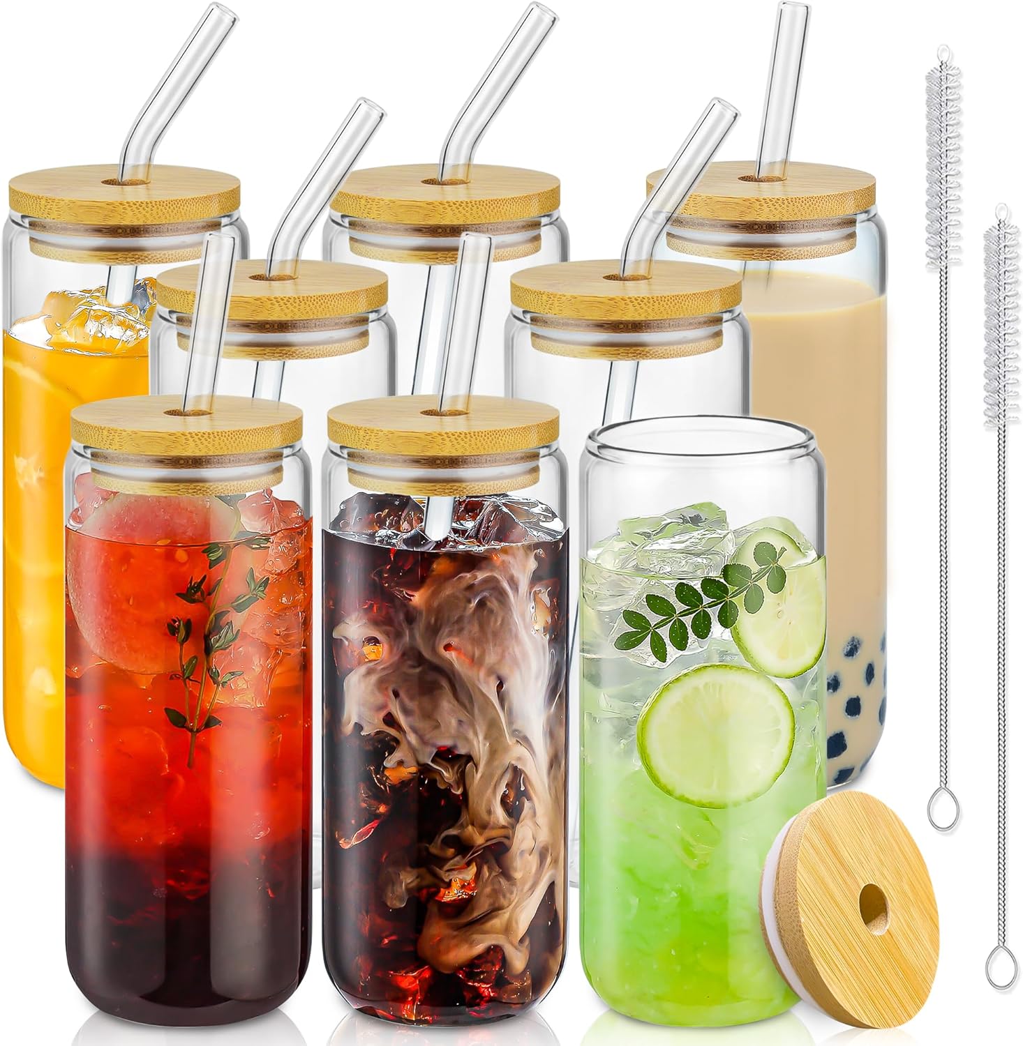 SENTVEND 20 Oz Drinking Glasses with Bamboo Lids and Glass Straw – 8 Pcs Glass Cups Beer Ice Coffee Glasses Cute Aesthetic Cup Great for Coffee Bar Accessories Include 2 Cleaning Brushes