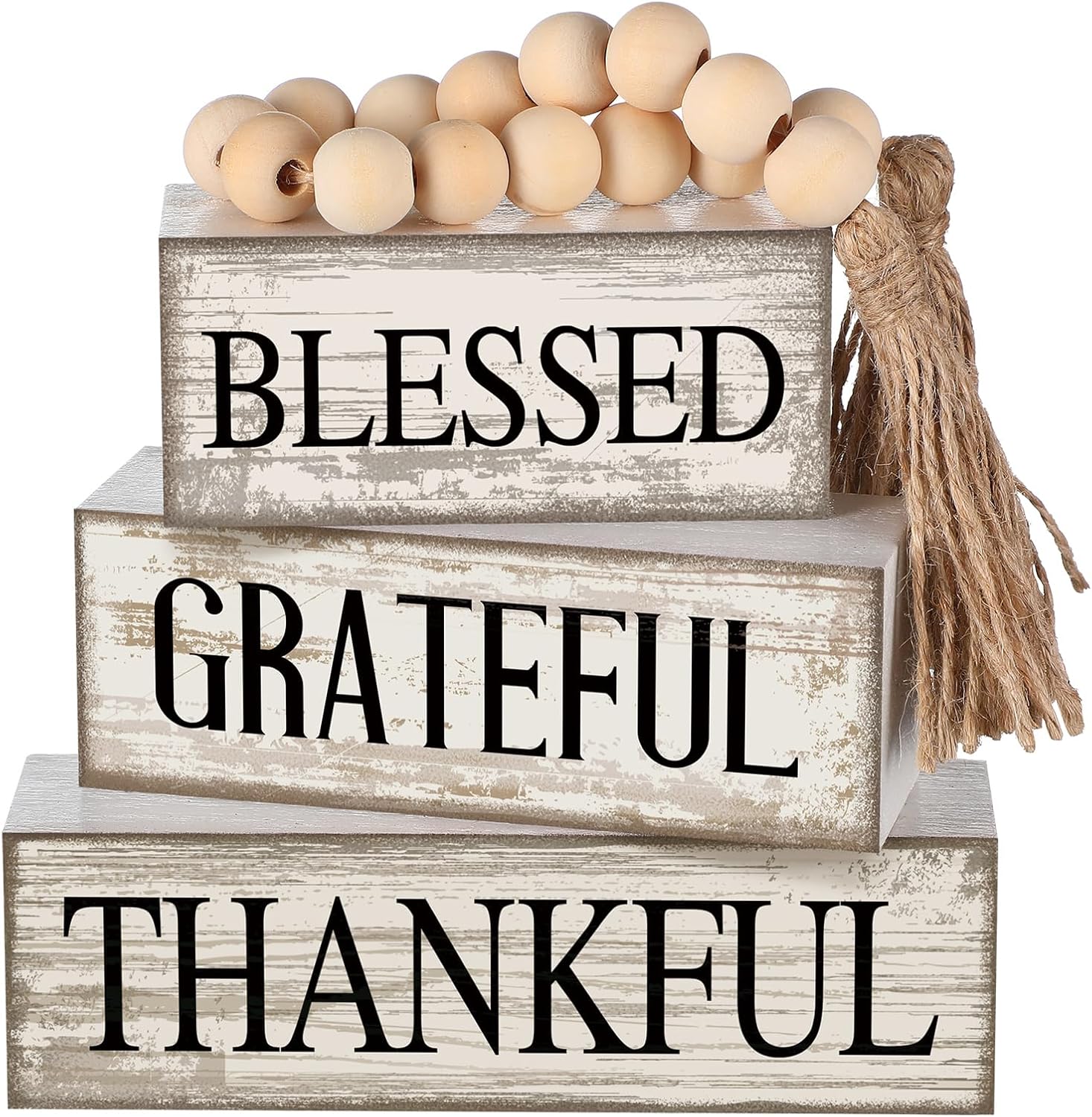 4 Pcs Farmhouse Wooden Tabletop Decor Neutral Farmhouse Tiered Tray Decor Rustic Retro Wood Bead Garland Blessed Grateful Thankful Block Sign Centerpiece for Coffee Home Office Shelf Mantle Table