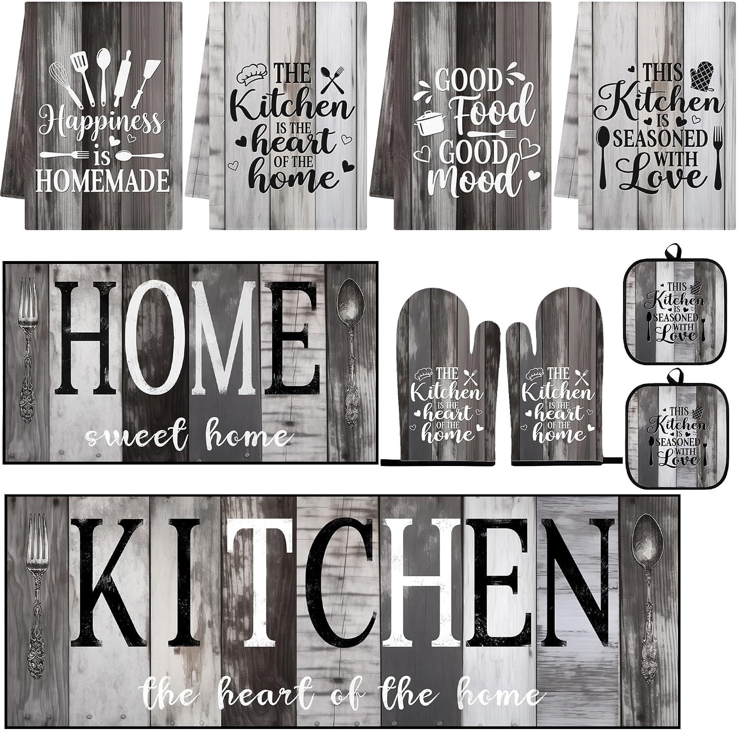 10 Pcs Rustic Kitchen Decor and Accessories Set, 4 Kitchen Dish Towels 2 Rugs 2 Oven Mitts 2 Pot Holders, Home Decor for Cooking Baking BBQ Gifts Women Mom Housewarming