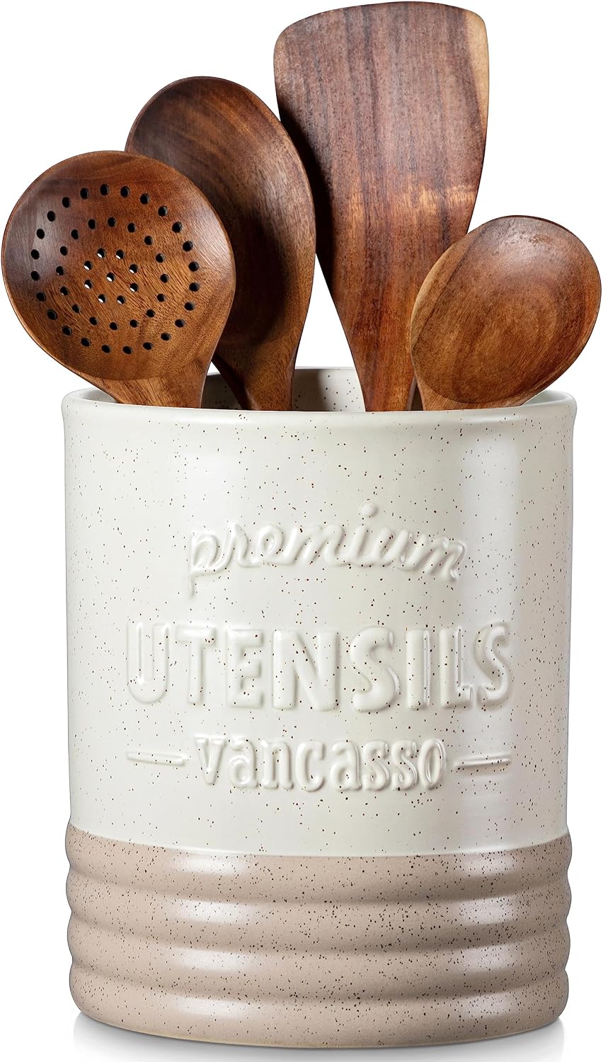 vancasso Sabine Ceramic Utensil Holder for Kitchen Counter, 7.2″ Large Utensil Crock, Matte Cream Farmhouse Kitchen Utensil Holder, Countertop Organizer for Spoons, Spatulas and Cooking Tools
