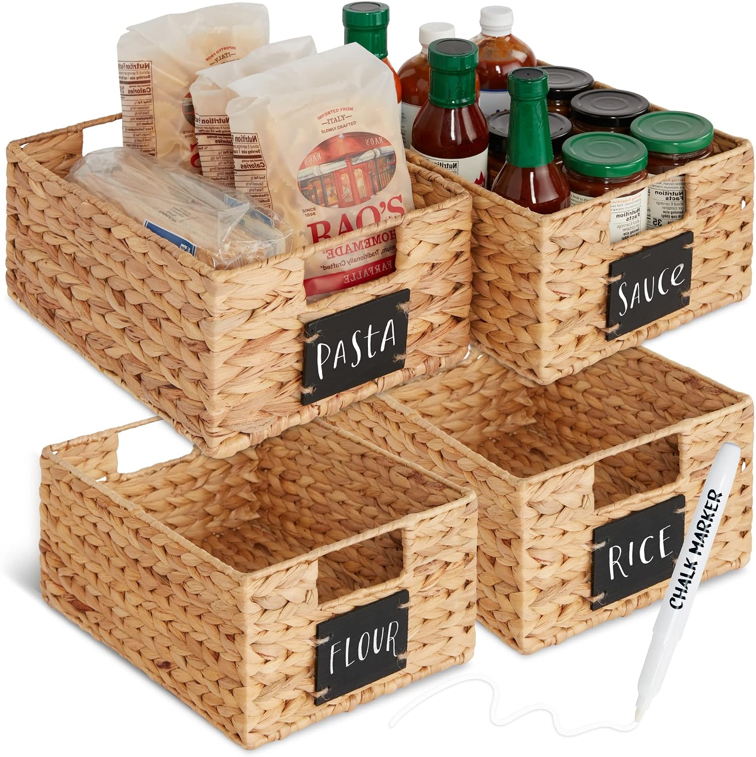 Best Choice Products Set of 4 9x12in Water Hyacinth Pantry Baskets, Woven Organizers w/Chalkboard Label, Chalk Marker – Natural