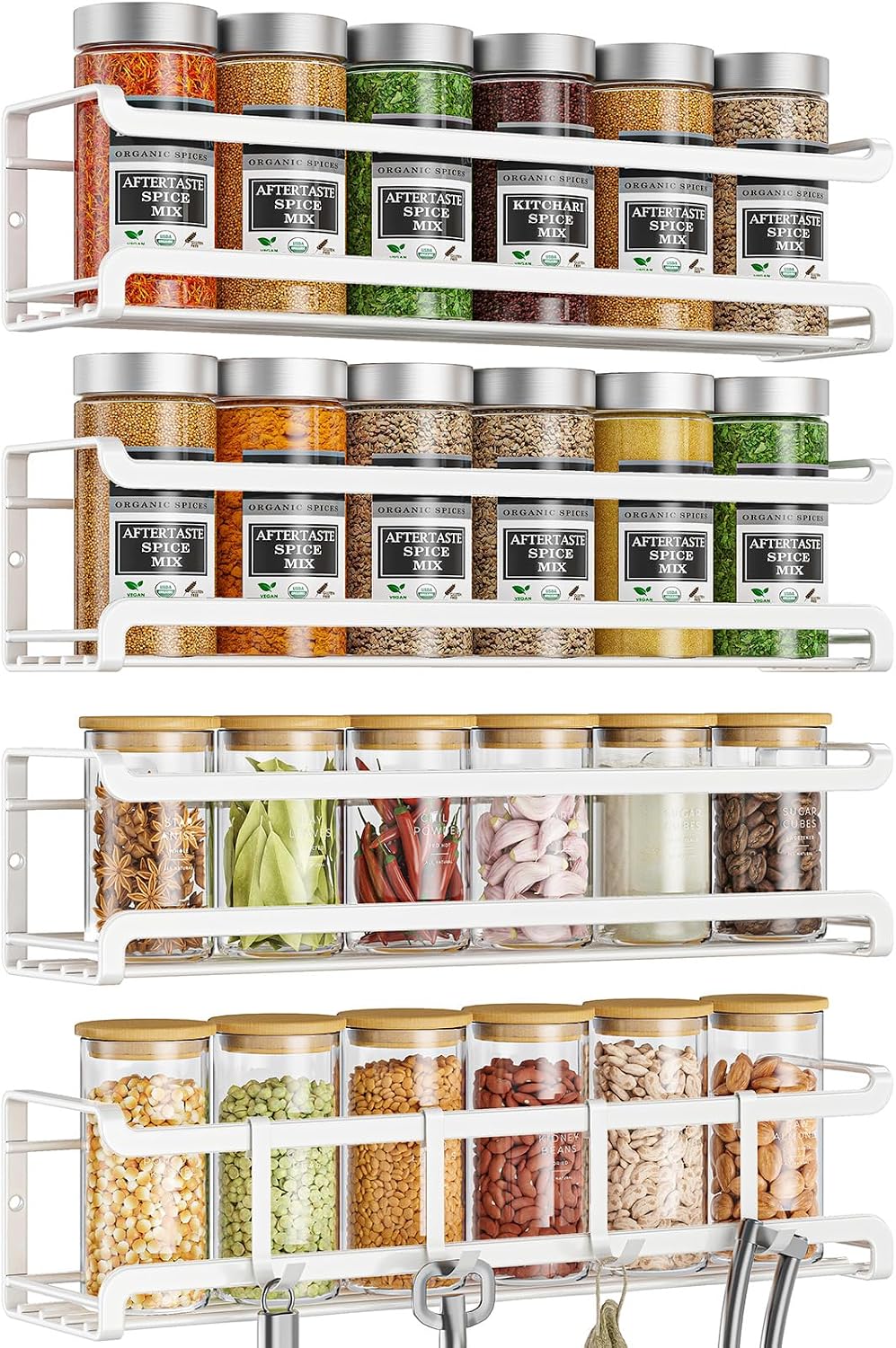 Bunoxea Spice Rack Wall Mounted 4 Pack, White,11.41×2.75×2.75in | 4 Removalble Hooks,Screw or Adhesive Hanging,Space-Saving,For Kitchen Cabinet, Pantry Door,Stove,RV