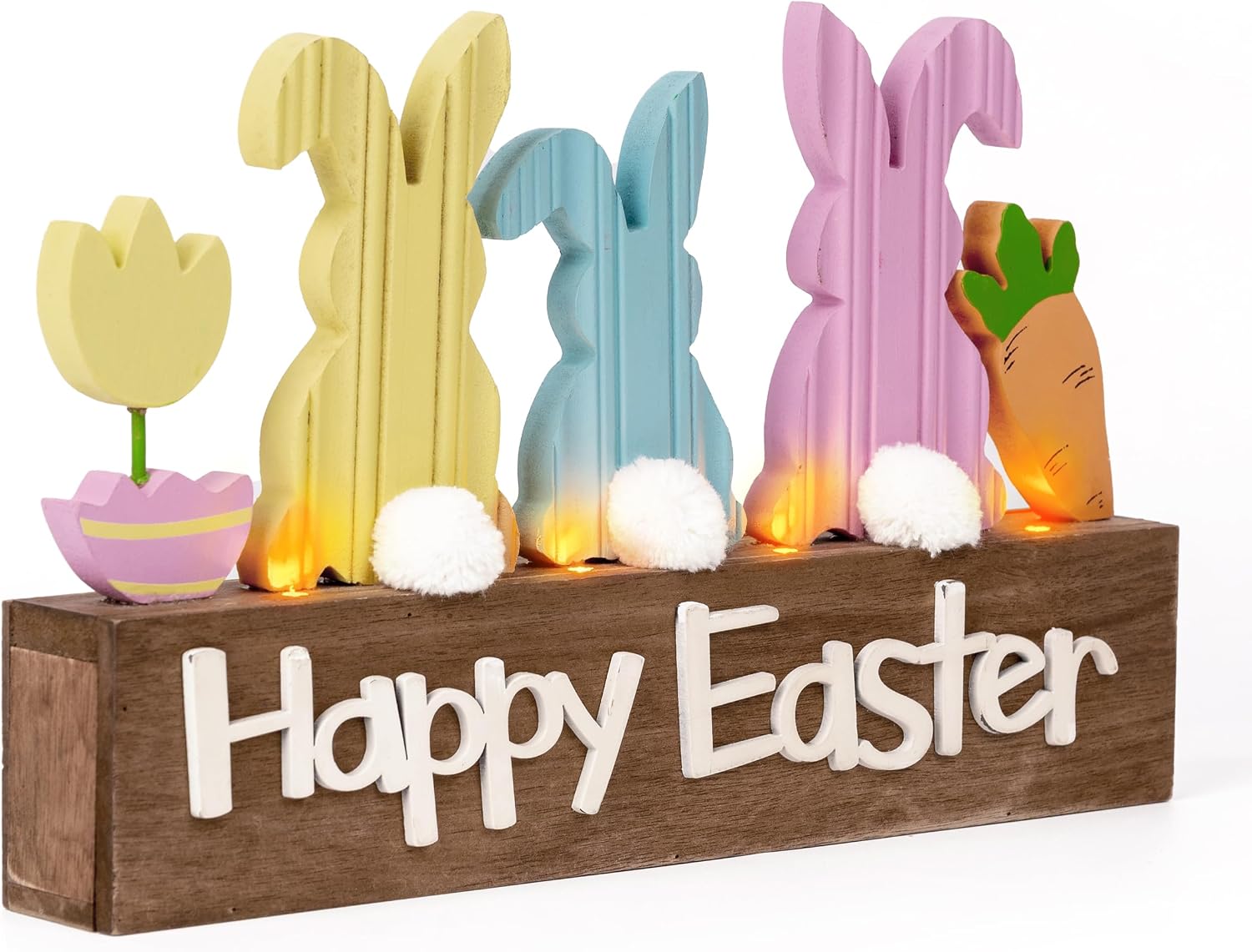 Valery Madelyn Easter Decorations, Wooden Easter Decor for Table with LED Lights, Lighted Bunny Decorations for the Home Decor Shelf Tiered Tray Living Room, 8 Inch, Pink Blue