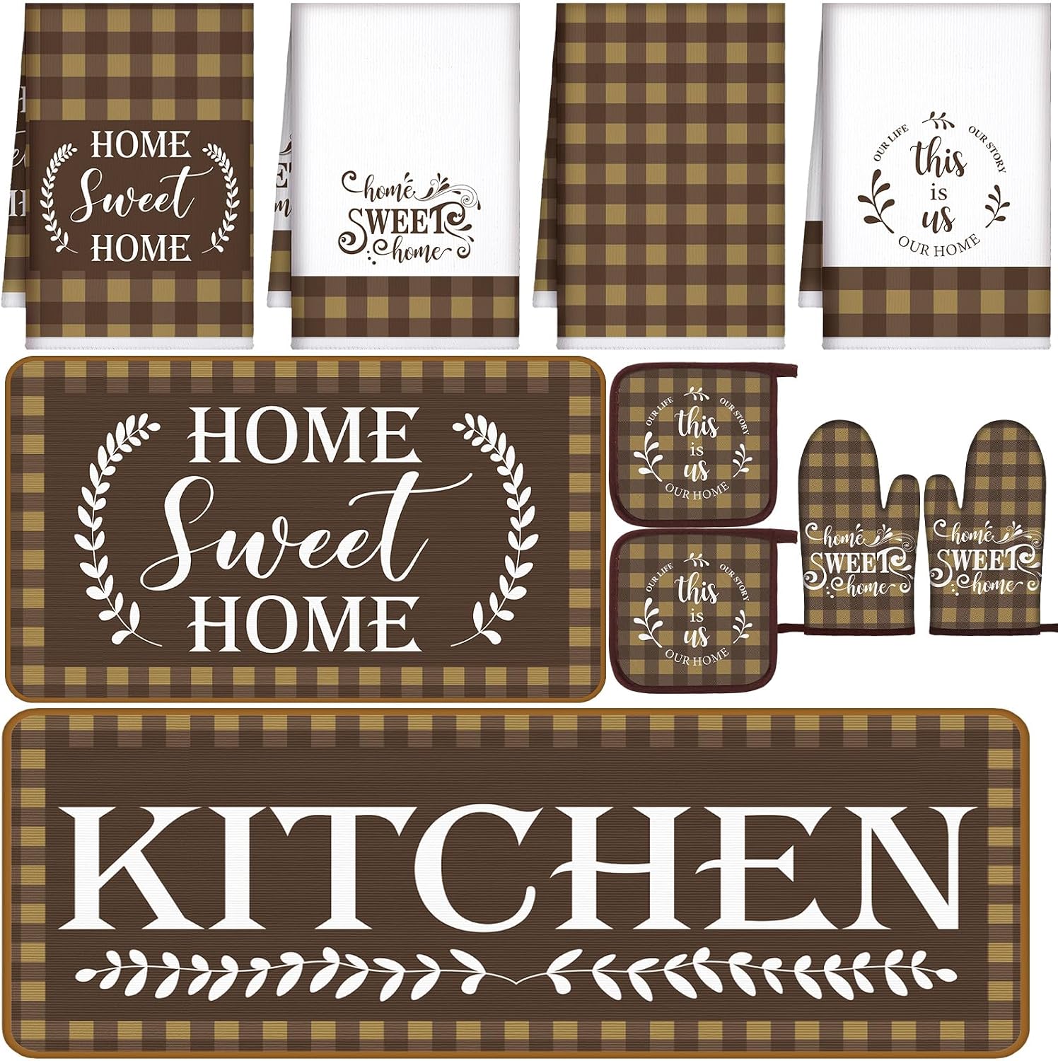 Fourluoo 10 Pcs Kitchen Set Kitchen Towels and Rugs Oven Mitts and Pot Holders Farmhouse Decor for Women Mom Gift Cooking Baking Grilling (Brown White)