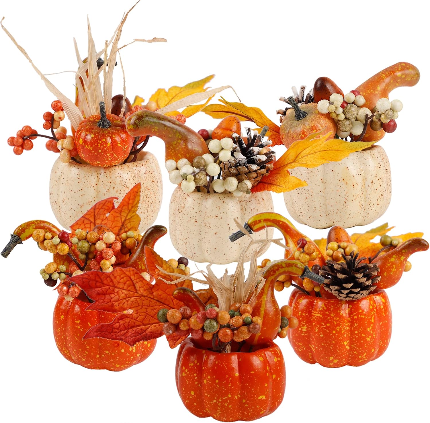 winemana Fall Decorations for Home, Set of 6 Artificial Pumpkin | Table Centerpiece with Berry & Pine Cone, Thanksgiving Autumn Decor, For Office Bathroom Kitchen