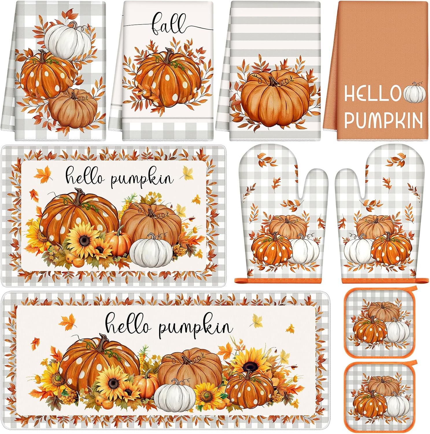 Nuanchu 10 Pcs Fall Kitchen Home Decor Set 4 Pumpkin Kitchen Dish Towels 2 Fall Pot Holders 2 Oven Mitt Rustic Rug and Mat for Cooking Baking Gift Harvest Autumn Home Decor