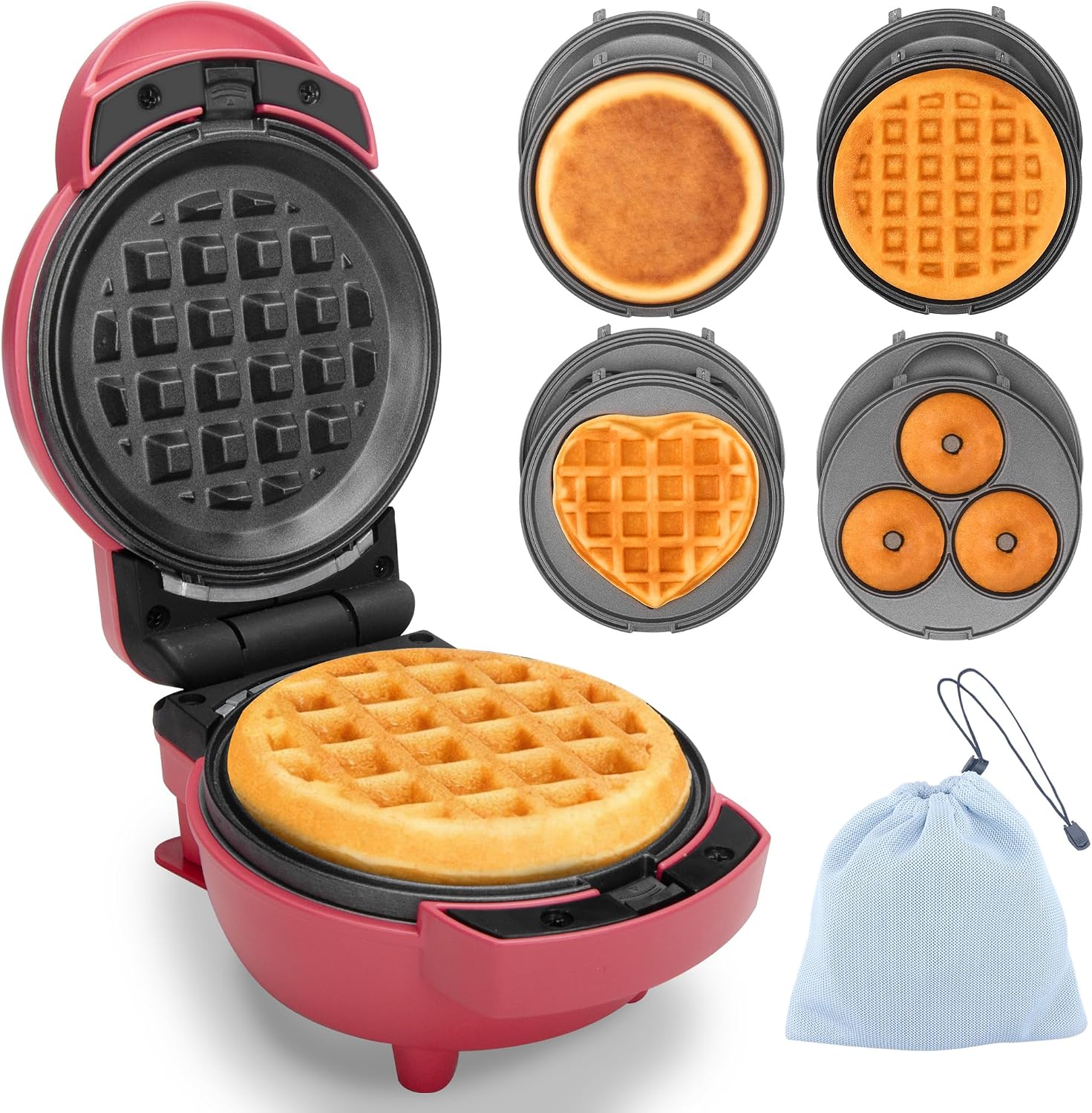 Baker’s Friend 4 in 1 Mini Waffle Maker with Removable Plates, Set Includes Mini Pancake, Donut, Heart Shape Waffle Makers, Compact Size, Recipe Included, Red