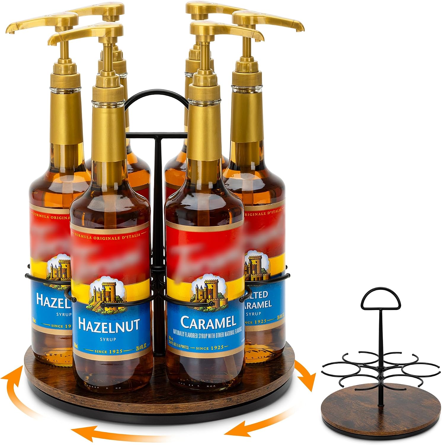 Rotating Coffee Syrup Organizer Hold 6 Bottles, Wood Coffee Syrup Rack for Countertop, Large Bottle Holder Stand for Bar Station, Turntable Wine Display Tray (Black – 6 Bottles)