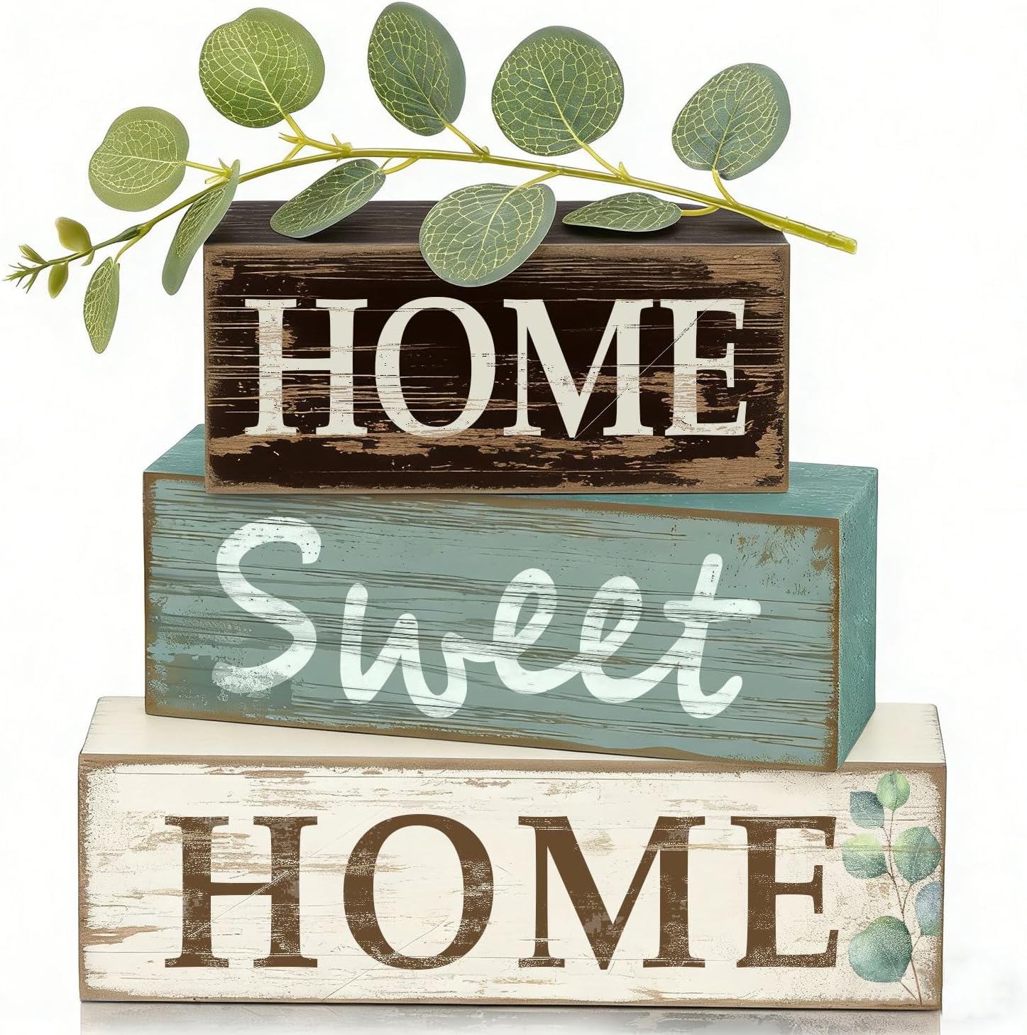 4 Pcs Farmhouse Wooden Tabletop Decor Rustic Home Sweet Home Wood Block Sign Vintage Eucalyptus Leaves Decoration Farmhouse Tiered Tray Decor for Coffee Table Kitchen Shelf Living Room Entryway