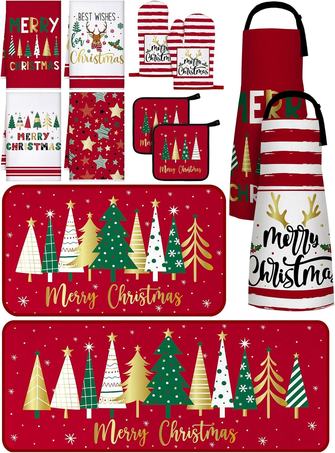 Fourluoo 12 Pcs Farmhouse Kitchen Decor Set 4 Kitchen Towels 2 Xmas Apron 2 Oven Mitts 2 Pot Holders 2 Rugs for Women Mom Housewarming Gift(Red,Christmas Tree)