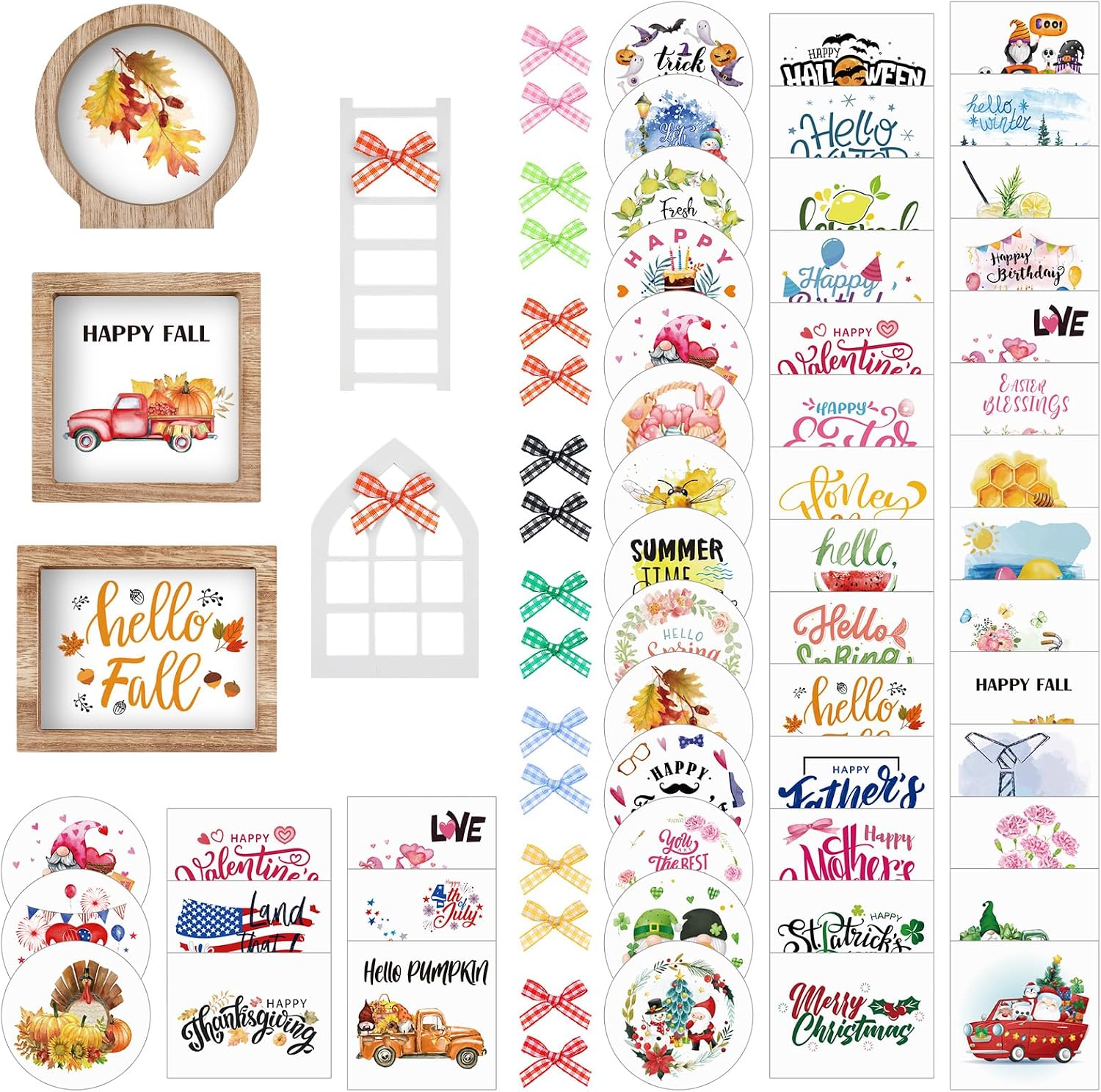 48 Pcs Interchangeable Seasonal Tiered Tray Decor Set Farmhouse Patriotic Summer Tiered Decoration Include Wood Frames with Ladders Card Bow Knot Tray Not Included(Fresh Color,Year Round Seasonal)