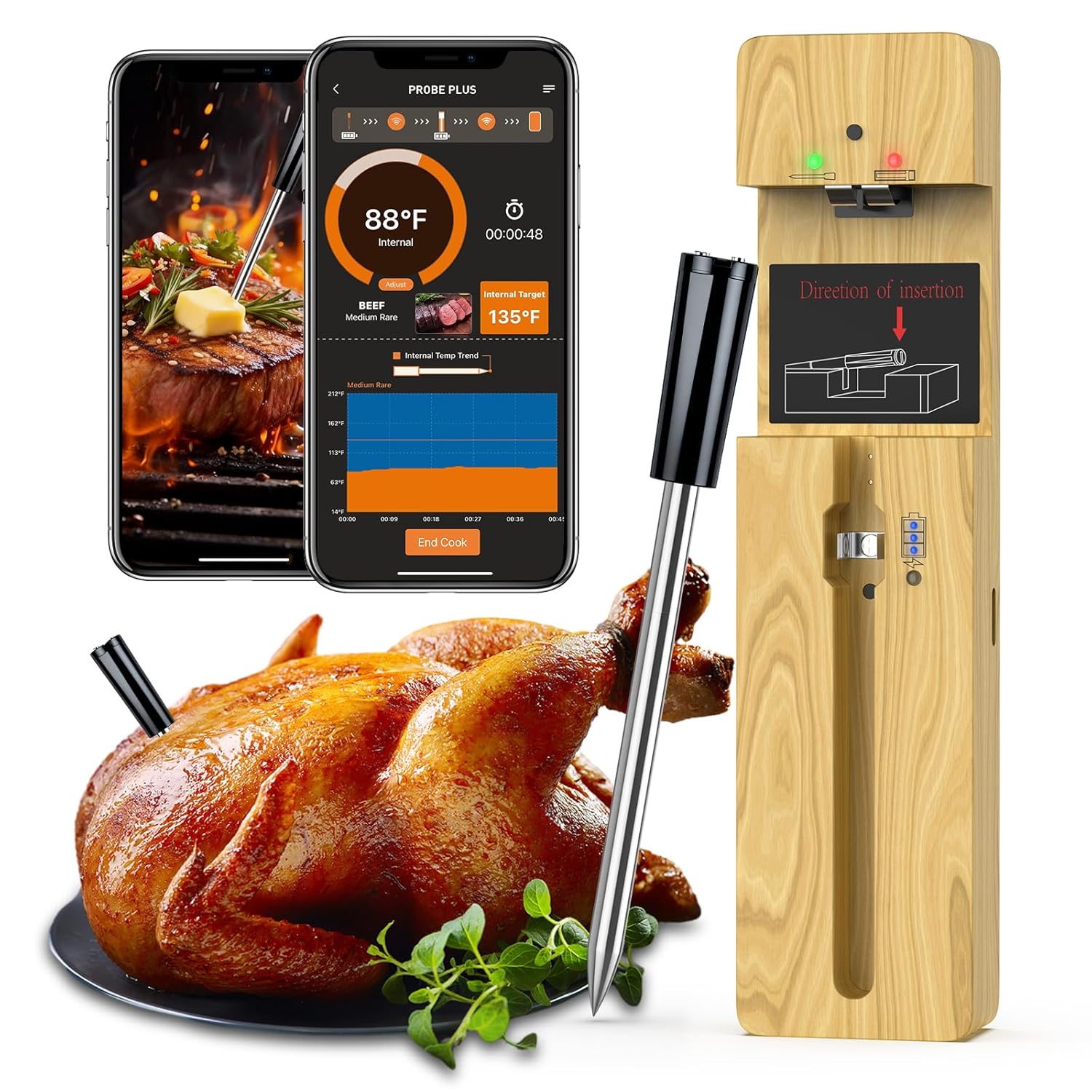 Wireless Meat Thermometer Bluetooth with Ceramic Probe: Waterproof Digital Oven Food Thermometer for Grill Fryer BBQ, 600Ft Range & Smart App for iOS/Android/air Home, Apartment