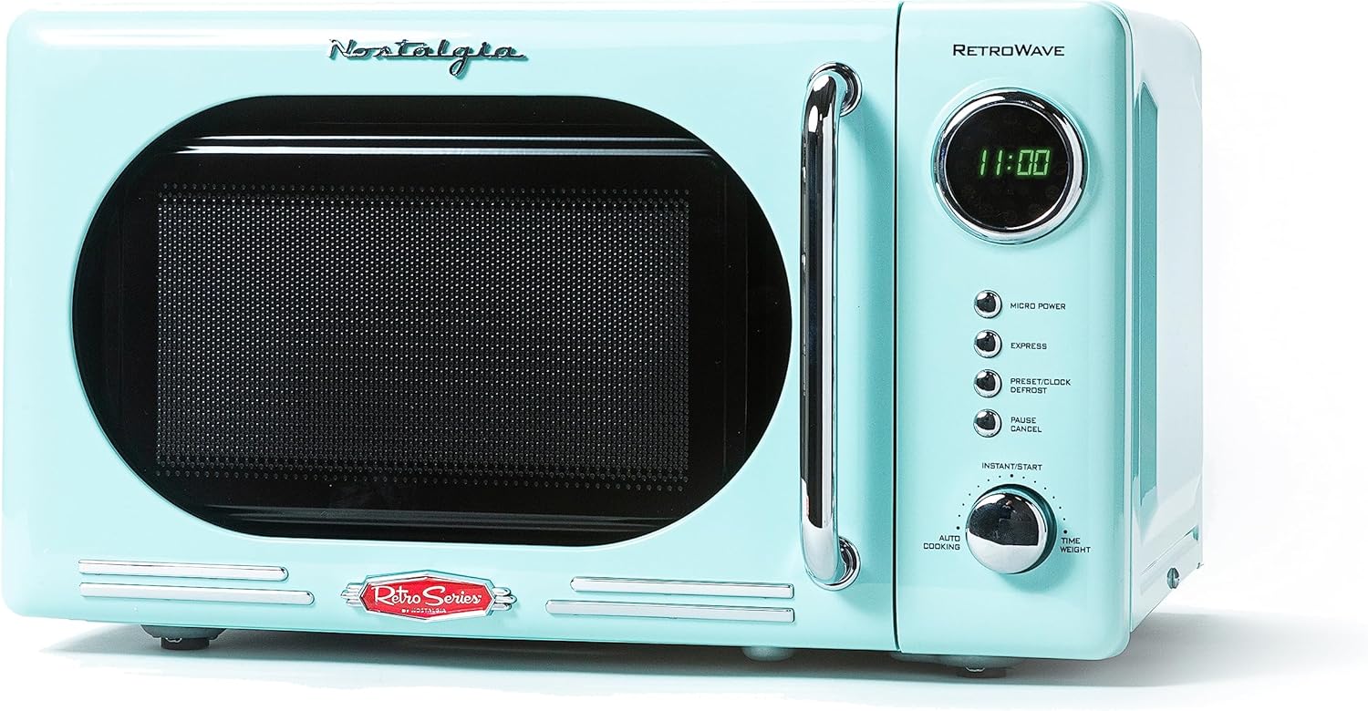 Nostalgia Countertop Microwave Oven with Easy Clean Interior – Retro Microwave with LED Display & Child Lock- Compact 0.7 Cu. Ft. Oven With 12 Pre-Programmed Settings for Quick Cooking- 700-Watts-Aqua