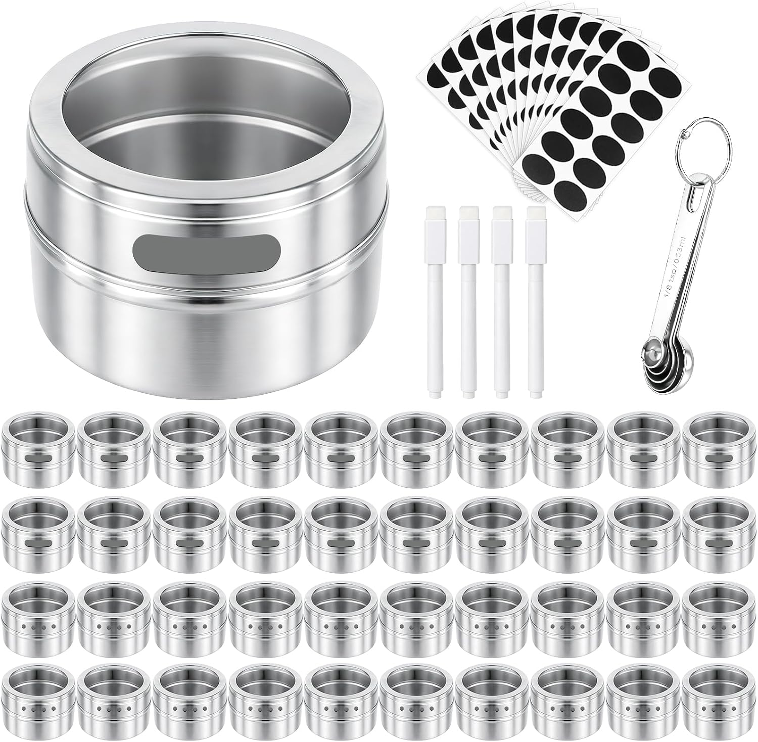 40 Pack Magnetic Spice Tins, 3 oz Magnetic Spice Containers Stainless Steel Seasoning Tins with Clear Lid, with 4 Pens,10 Sheets Labels,5 Weighing Spoons for Grill Kitchen Fridge Rack