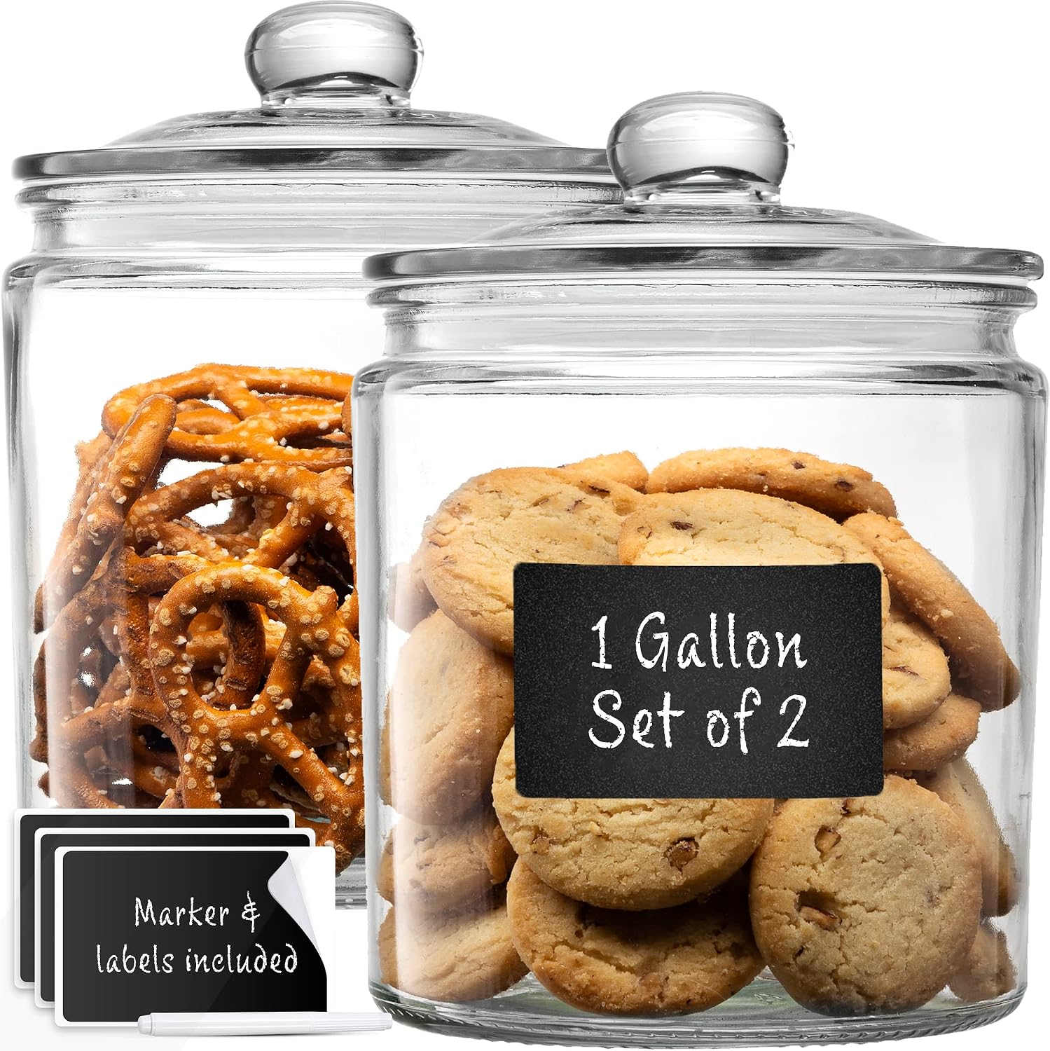 1 Gallon Glass Cookie Jars + Labels & Marker – Set of 2 Canister Sets for Kitchen Counter with Airtight Lids, Sugar Packet Holders Food Storage Containers with Lids Airtight for Pantry, Flour, Sugar.