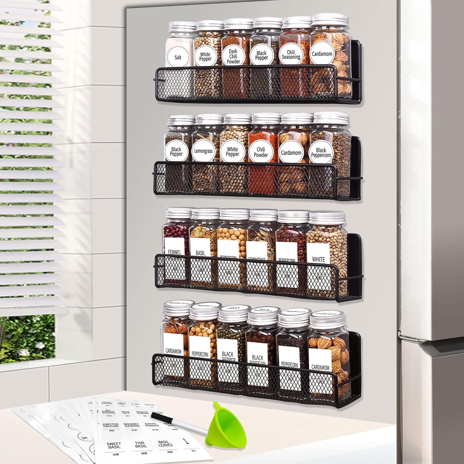Churboro Magnetic Spice Rack for Refrigerator with Spice Jars- Includes 24 Pcs 4 OZ Seasoning Containers with Labels, 4 Space-Saving Magnetic Shelf for fridge- Perfect for Small Kitchens, Apartments