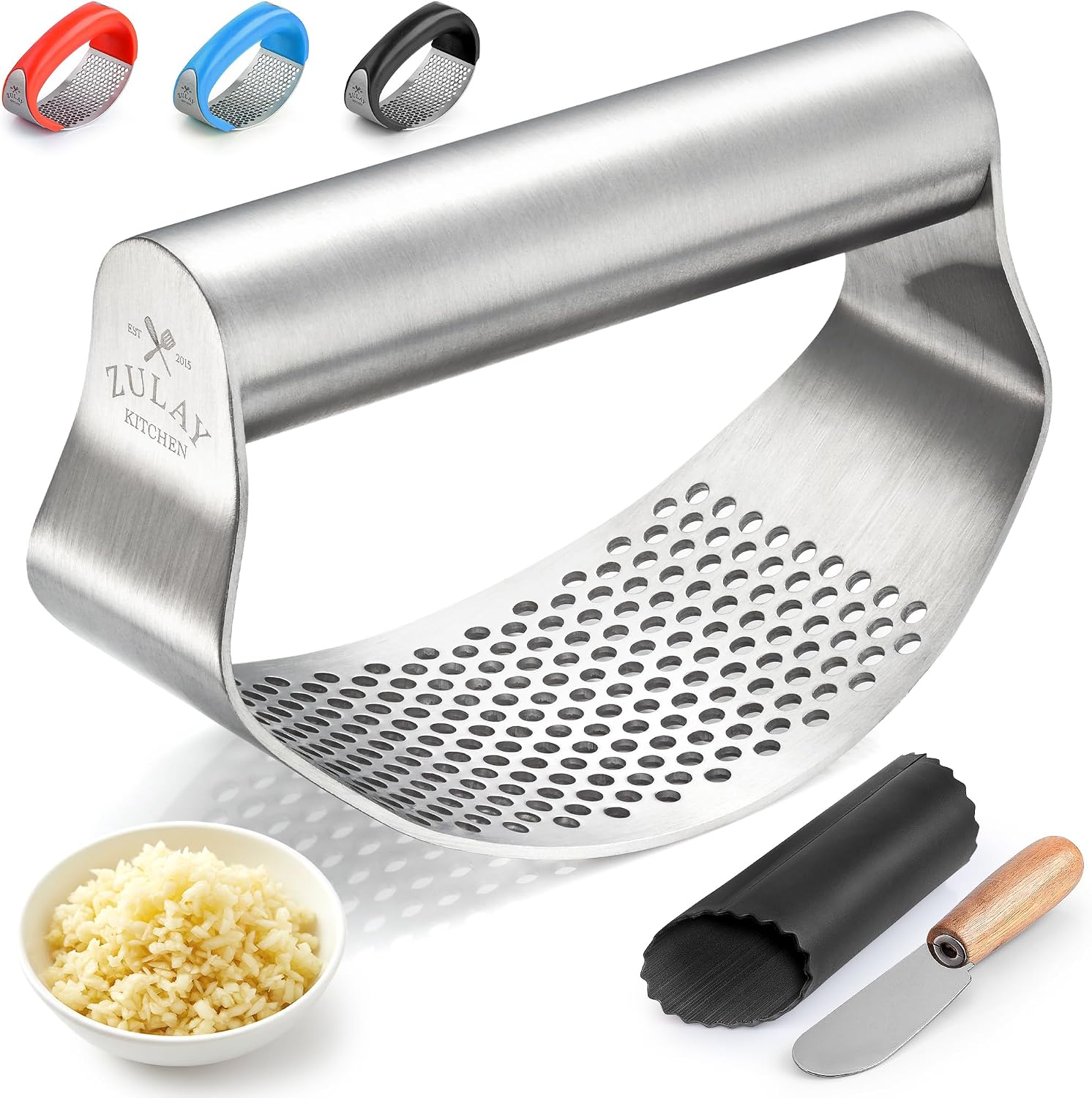 Zulay Kitchen Stainless Steel Garlic Press Rocker Set – Time Saving, Durable Strong Garlic Mincer Tool – Easy to Use & Clean Garlic Crusher Set with Peeler and Scraper Kitchen Gadget Smasher
