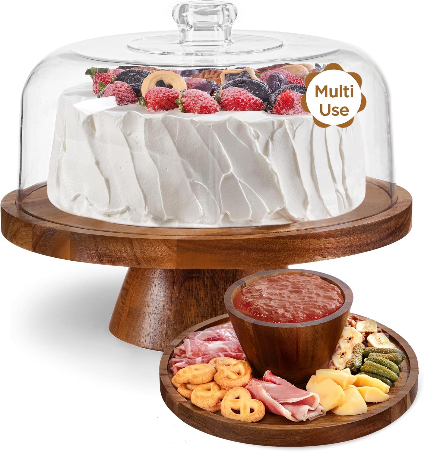 HBlife Cake Stand with Lid (11.4″), Multifunctional Cake Stand with Acrylic Dome, Acacia Wood 6-in-1 Cake Plate Display Stand with Cover for Baking Gifts, Birthday Kitchen Parties, Weddings