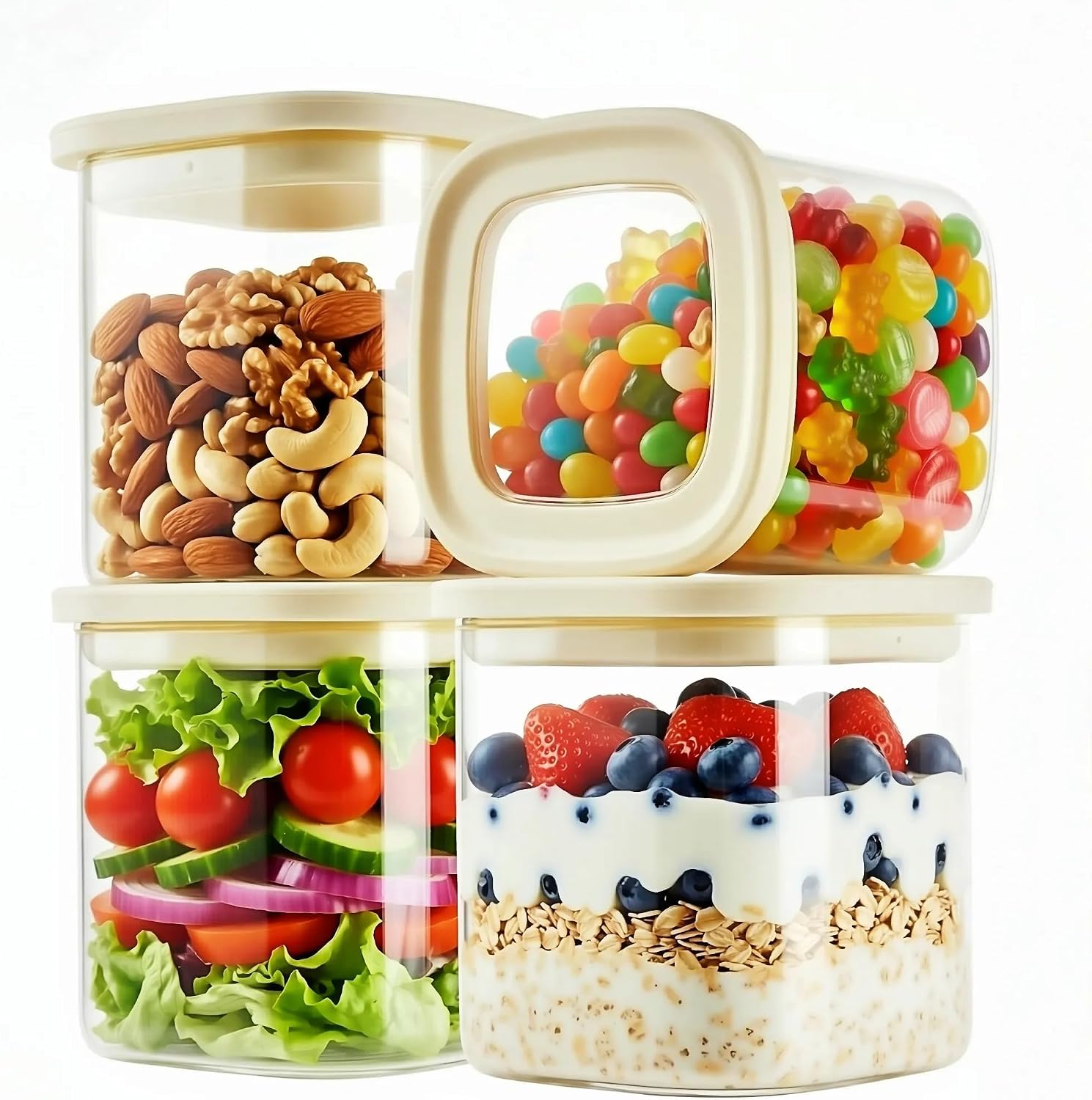 4pcs Small Square Glass Food Storage Containers Set with Glass Lids 0.76Qt – Stackable Kitchen Canisters Sets for Nuts, Overnight Oast, Snacks | 24floz Glass Pantry Storage Jars