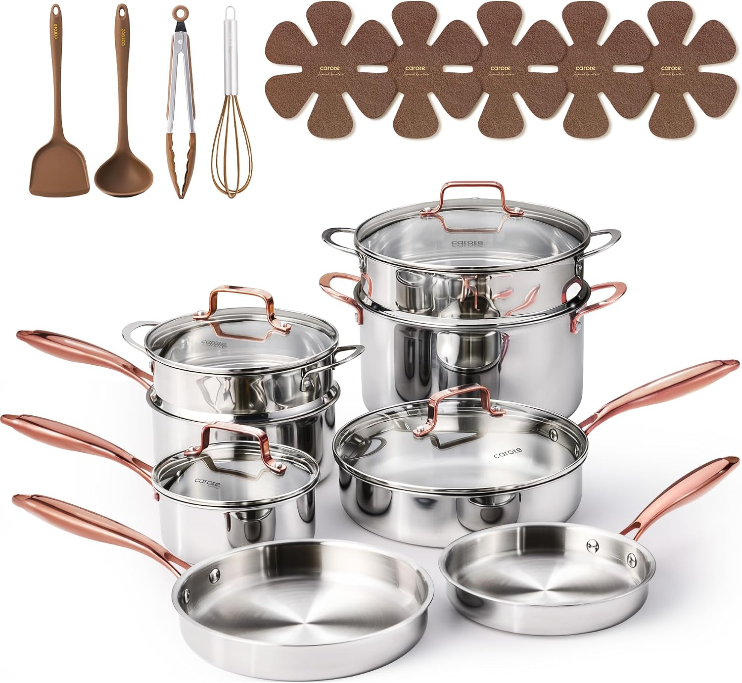 CAROTE 21pcs Tri-Ply Stainless Steel Cookware Set, Pots and Pans Set, Non Toxic Induction Kitchen Cooking Sets, Gold