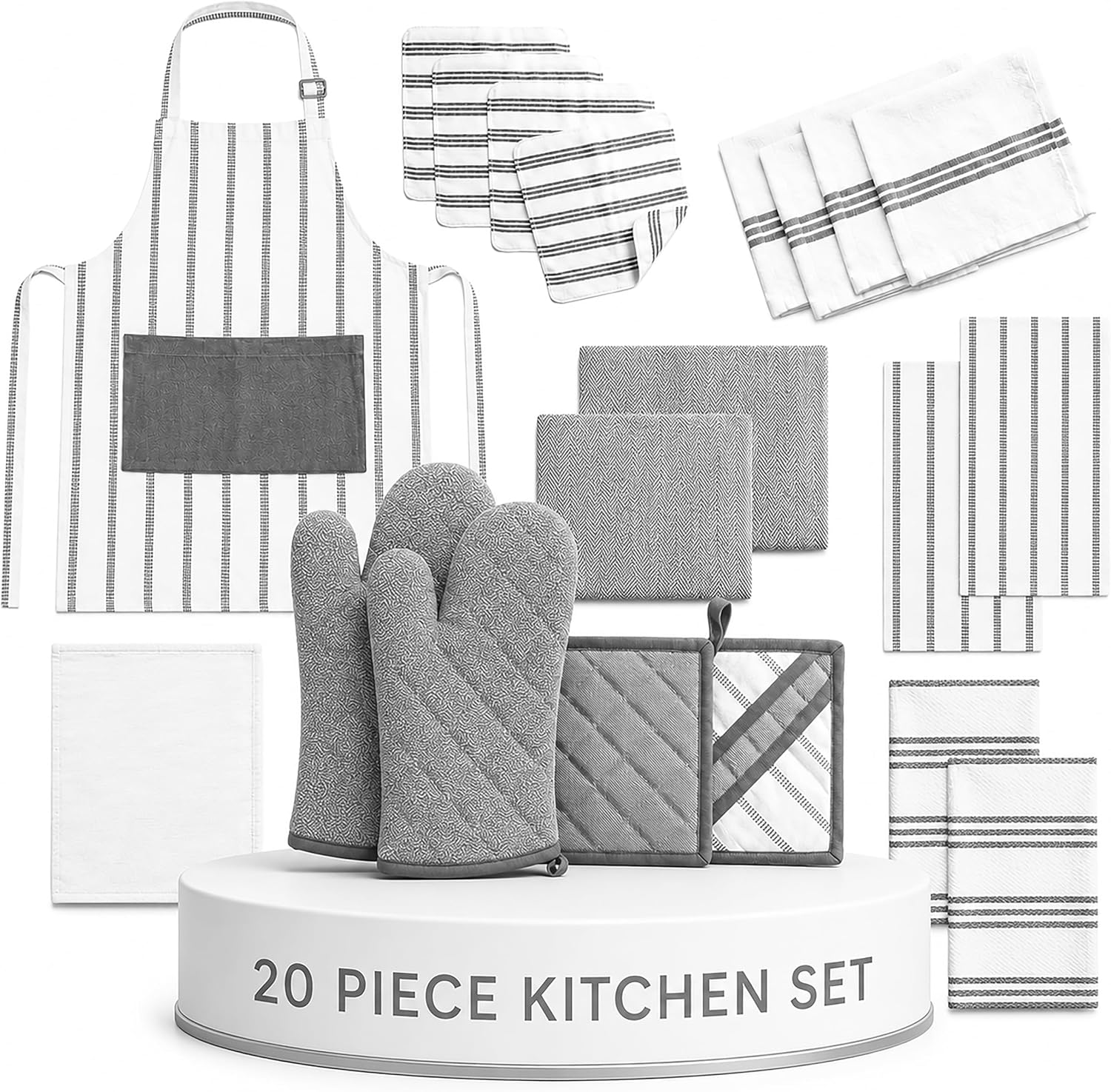 Kitchen Towels and Dishcloths Sets, 20 Pc Kitchen Essentials for New Home, Heat Resistant Oven Mitts & Pot Holders, Absorbent Flour Sack Dish Towels, Apron- Ash Grey