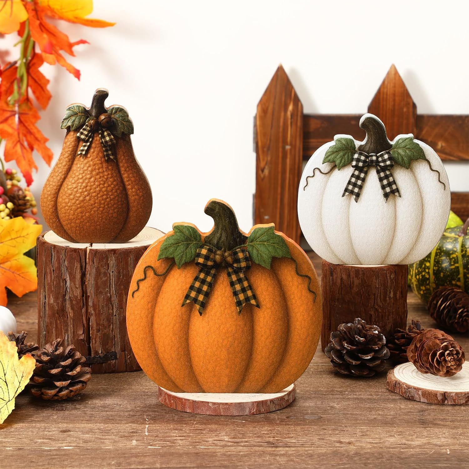 Amyhill 3 Pcs Fall Pumpkin Wodden Table Sign Wood Block Thanksgiving Pumpkin Decor Autumn Farmhouse Rustic Tiered Tray Decorations Table Centerpieces for Home Kitchen(Orange)