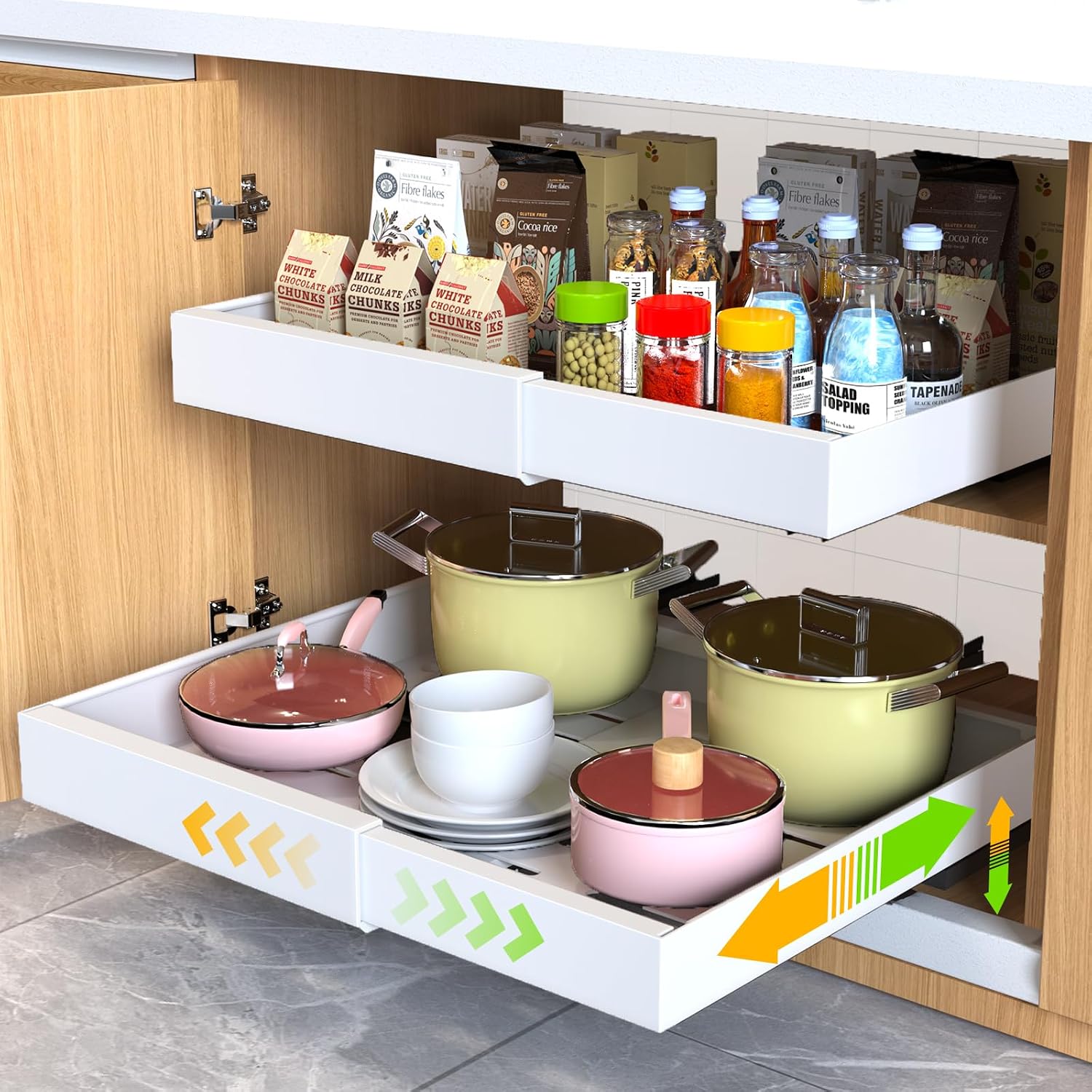 2 Pack Pull Out Cabinet Organizer 21″ Deep Expandable Slide Out Drawer Organizers,No Drill Pull Out Drawers Adhesive with Nano Compatible Framed Cabinets Shelves For Kitchen Pantry Adjustable Width