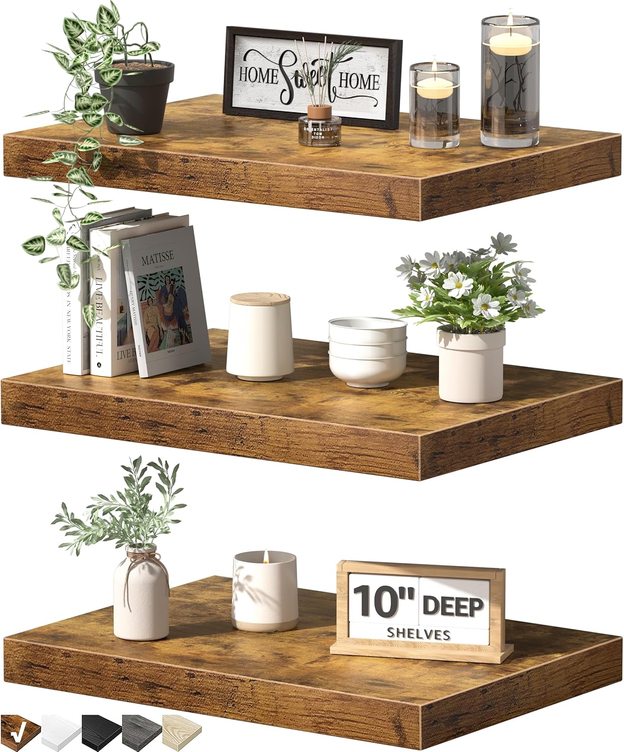 QEEIG 10″ Deep Floating Shelves for Wall – 10 x 16 inch Book Shelf Bathroom Bedroom Kitchen Living Room Hanging Bookshelf Farmhouse Set of 3, Rustic Brown (025-40BN3)