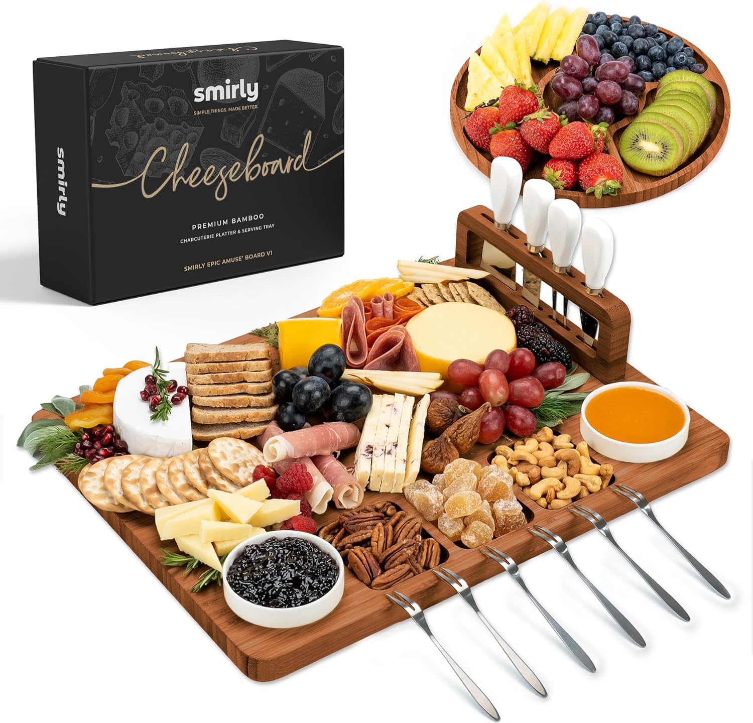 SMIRLY Charcuterie Boards Set – Large Bamboo Cheese Board Set – House Warming Gifts New Home, Wedding Gift for Couple, Bridal Shower Gift, Birthday Gifts for Women